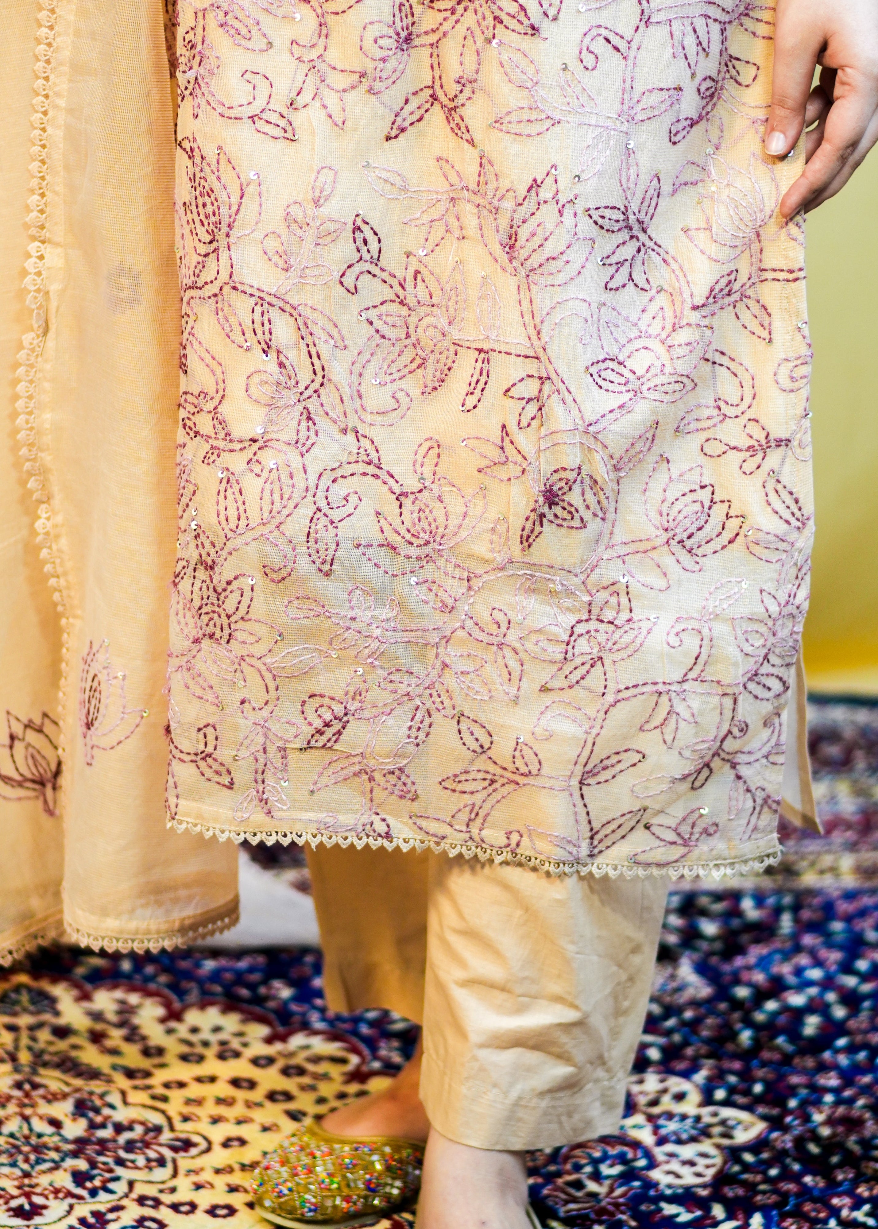 Fine Kota Doria Dress with Elegant Handcrafted Embroidery