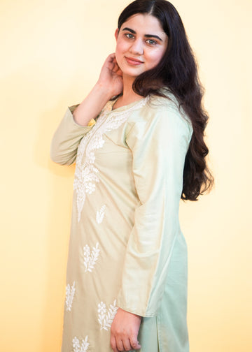 Pista Green Embroidery Chikankari Mull Kurti Set