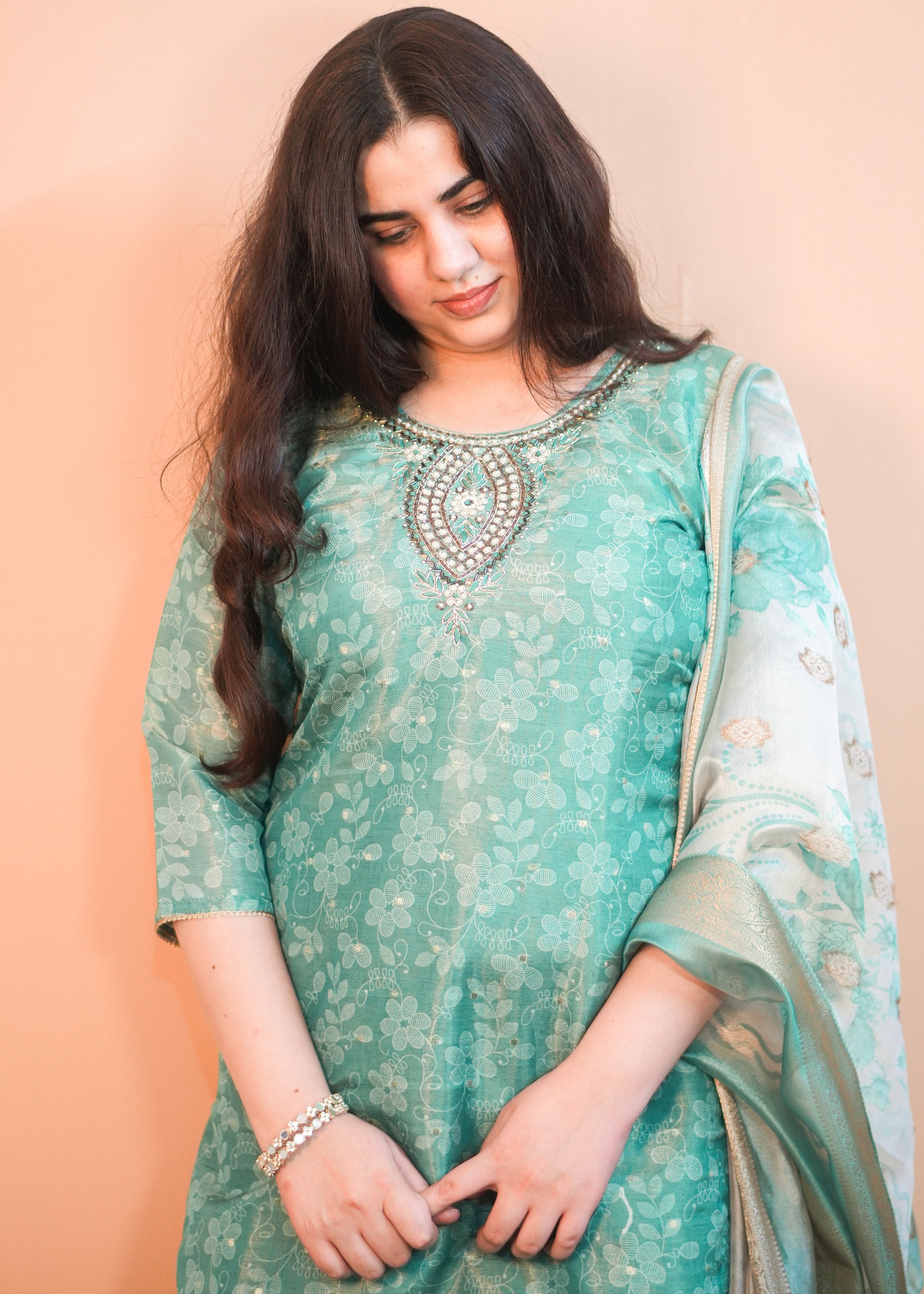 Sea Green Cotton Organza Blend Dress with Pearl & Cutdana Neck Work