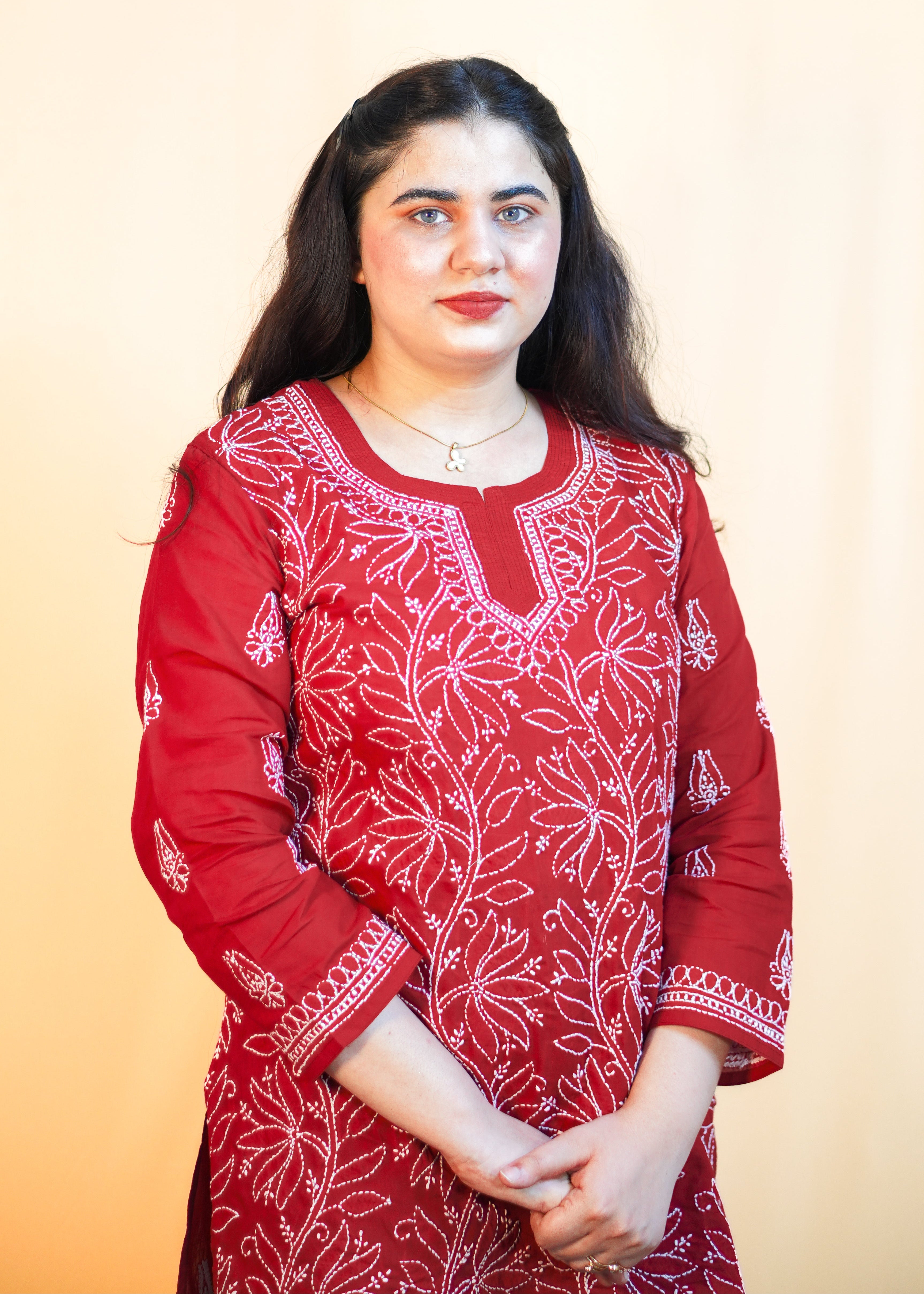 Elegant Red Chikankari Kurti with Resham Hand Embroidery