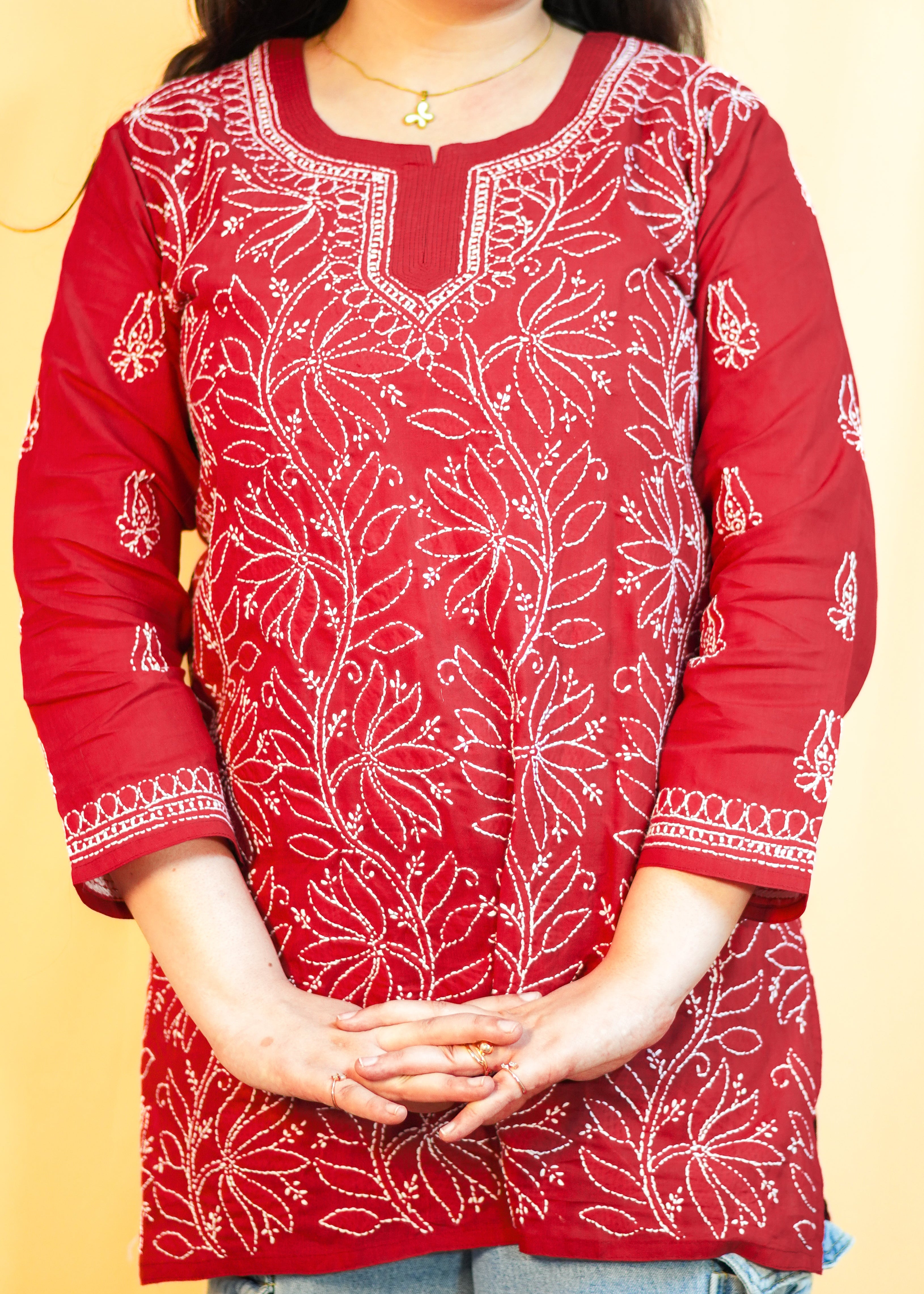 Elegant Red Chikankari Kurti with Resham Hand Embroidery