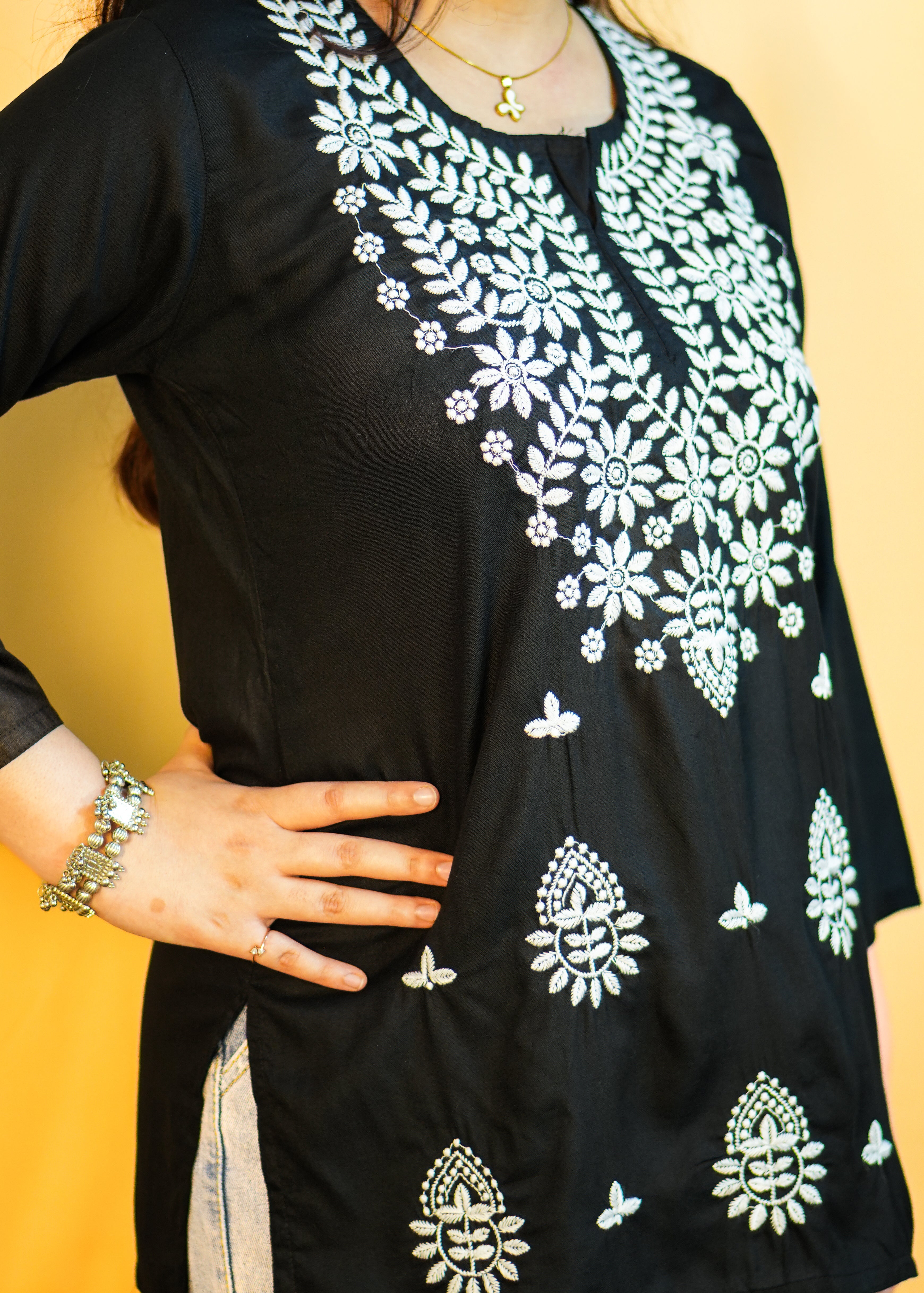 Black Mull Cotton Chikankari Short Kurti