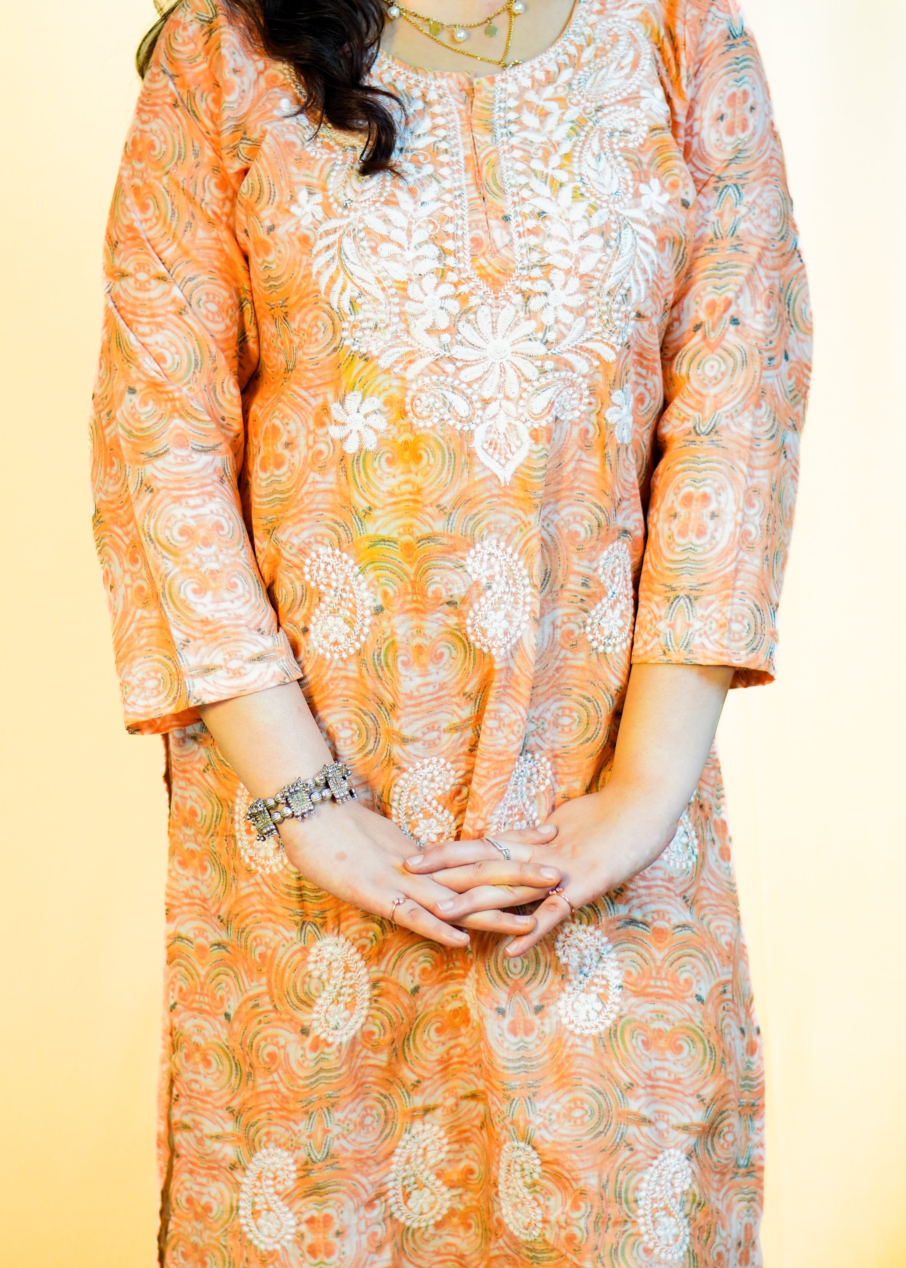Orange Mul Cotton Chikankari Long Kurti