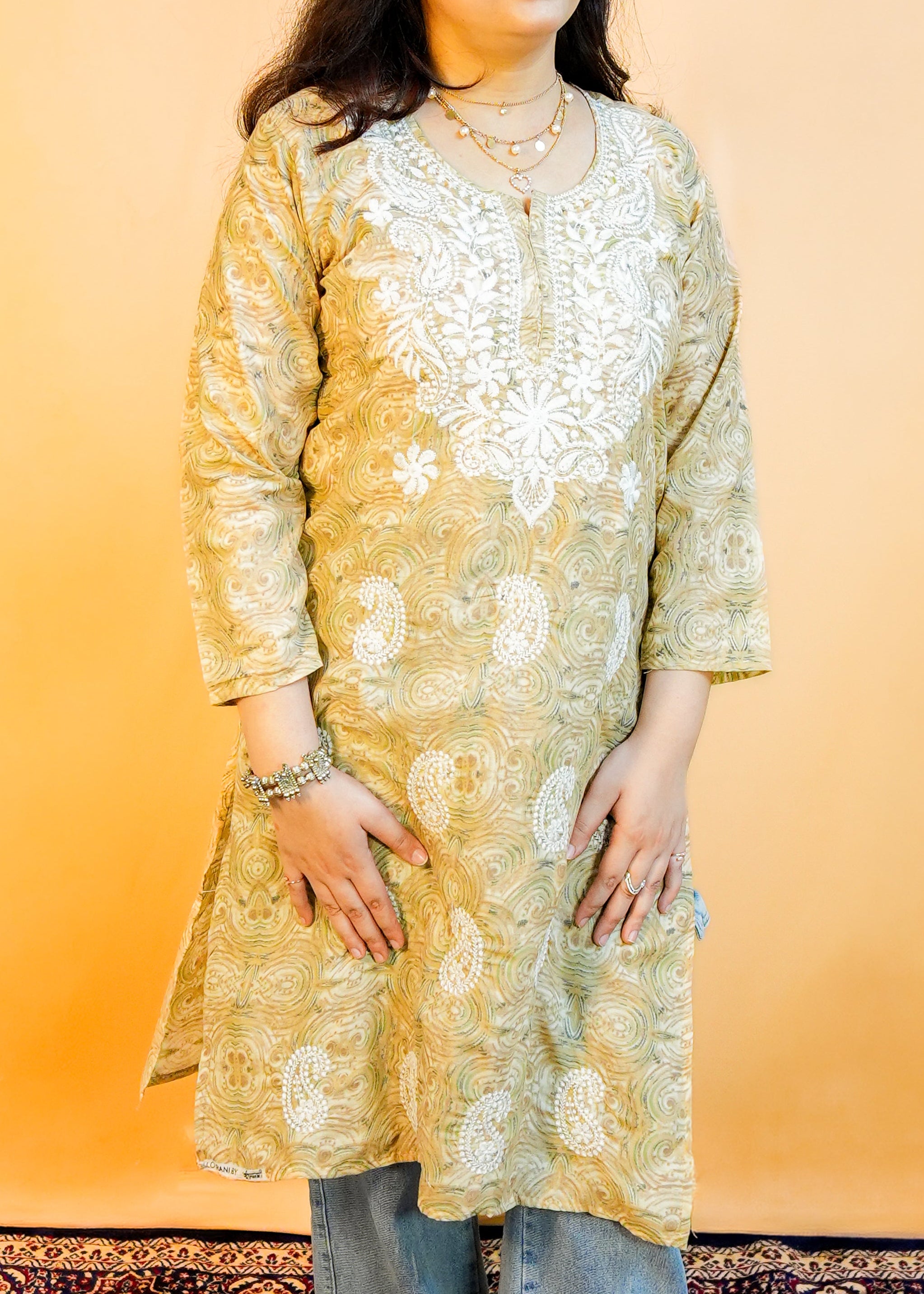 Light Brown Neck Embroidery Chikankari Kurti