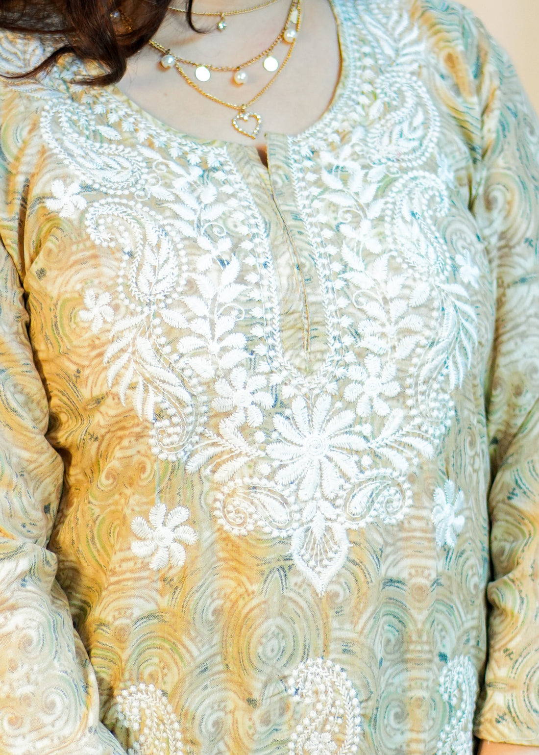 Light Brown Neck Embroidery Chikankari Kurti