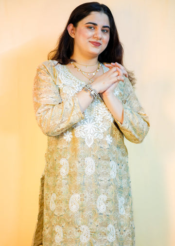 Light Brown Neck Embroidery Chikankari Kurti