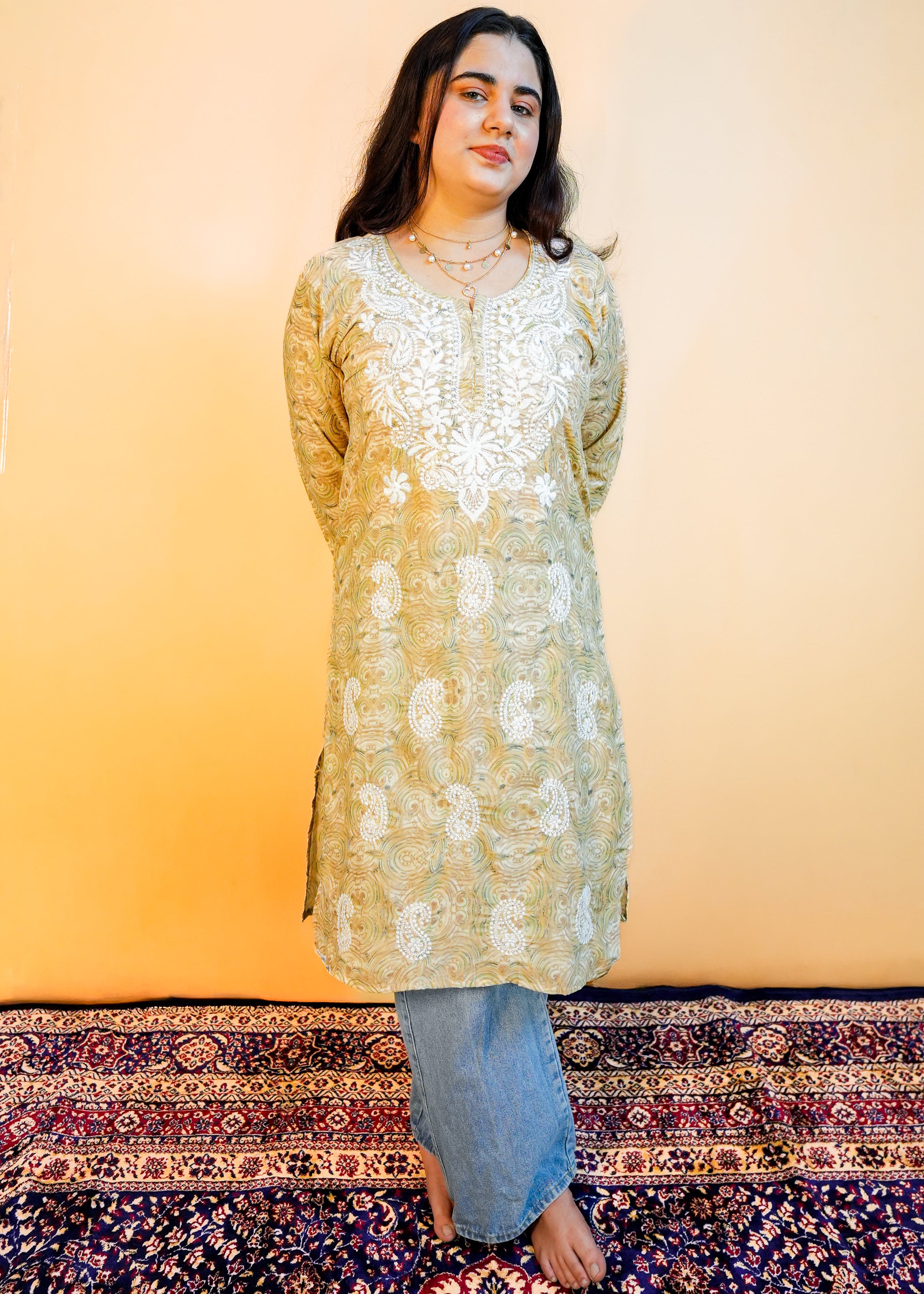 Light Brown Neck Embroidery Chikankari Kurti
