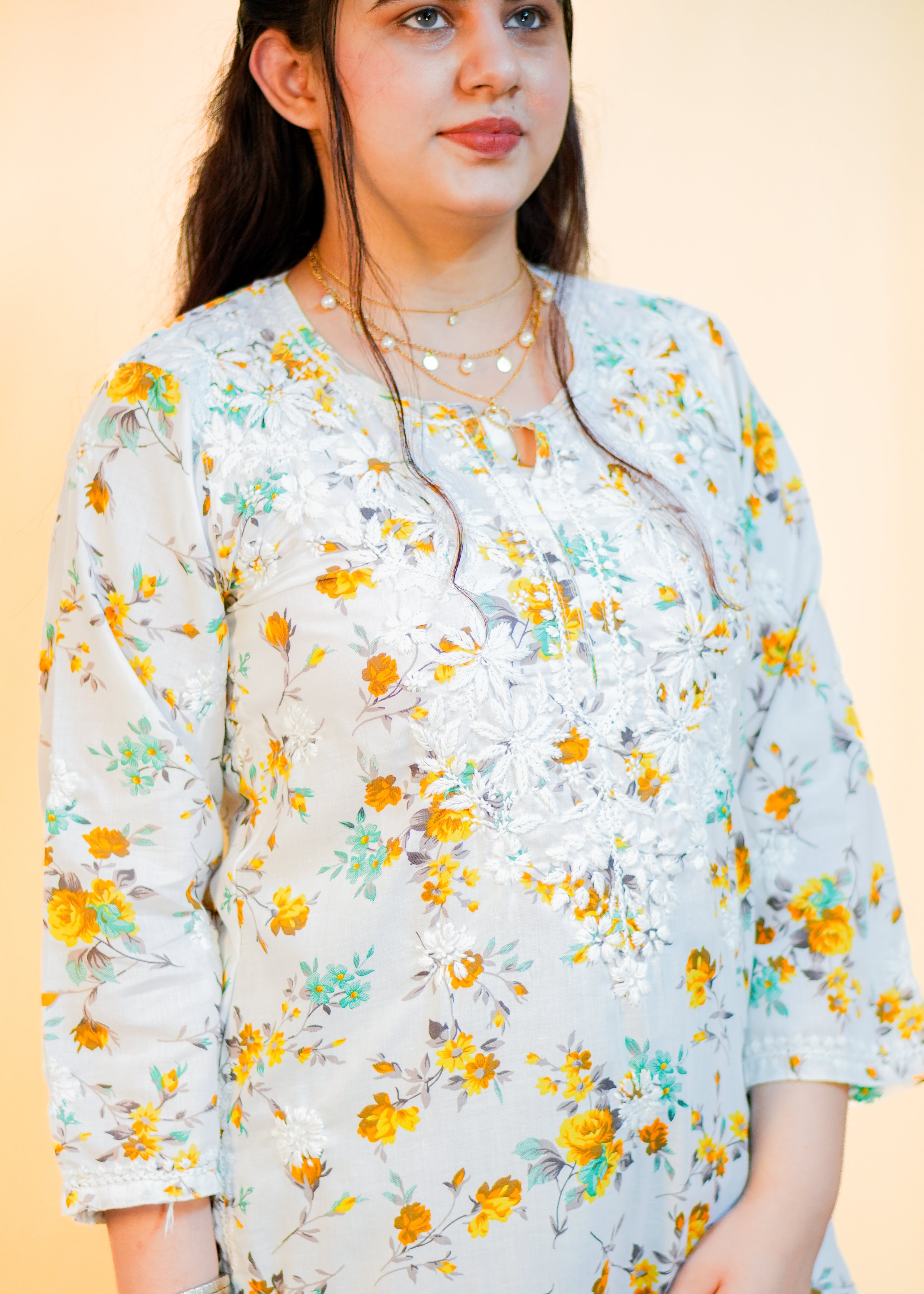 White Floral Hand Work Chikankari Long Kurti