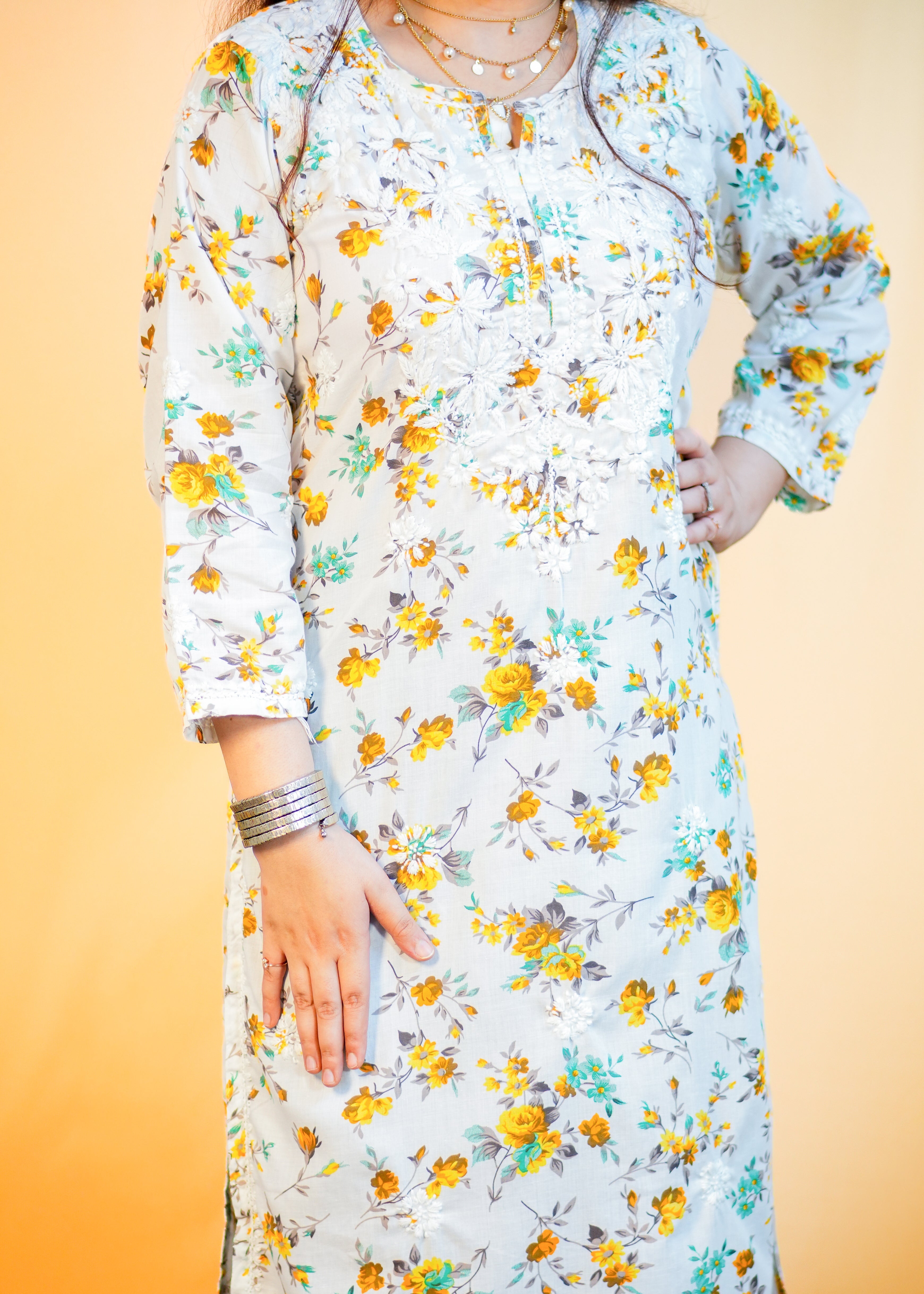 White Floral Hand Work Chikankari Long Kurti