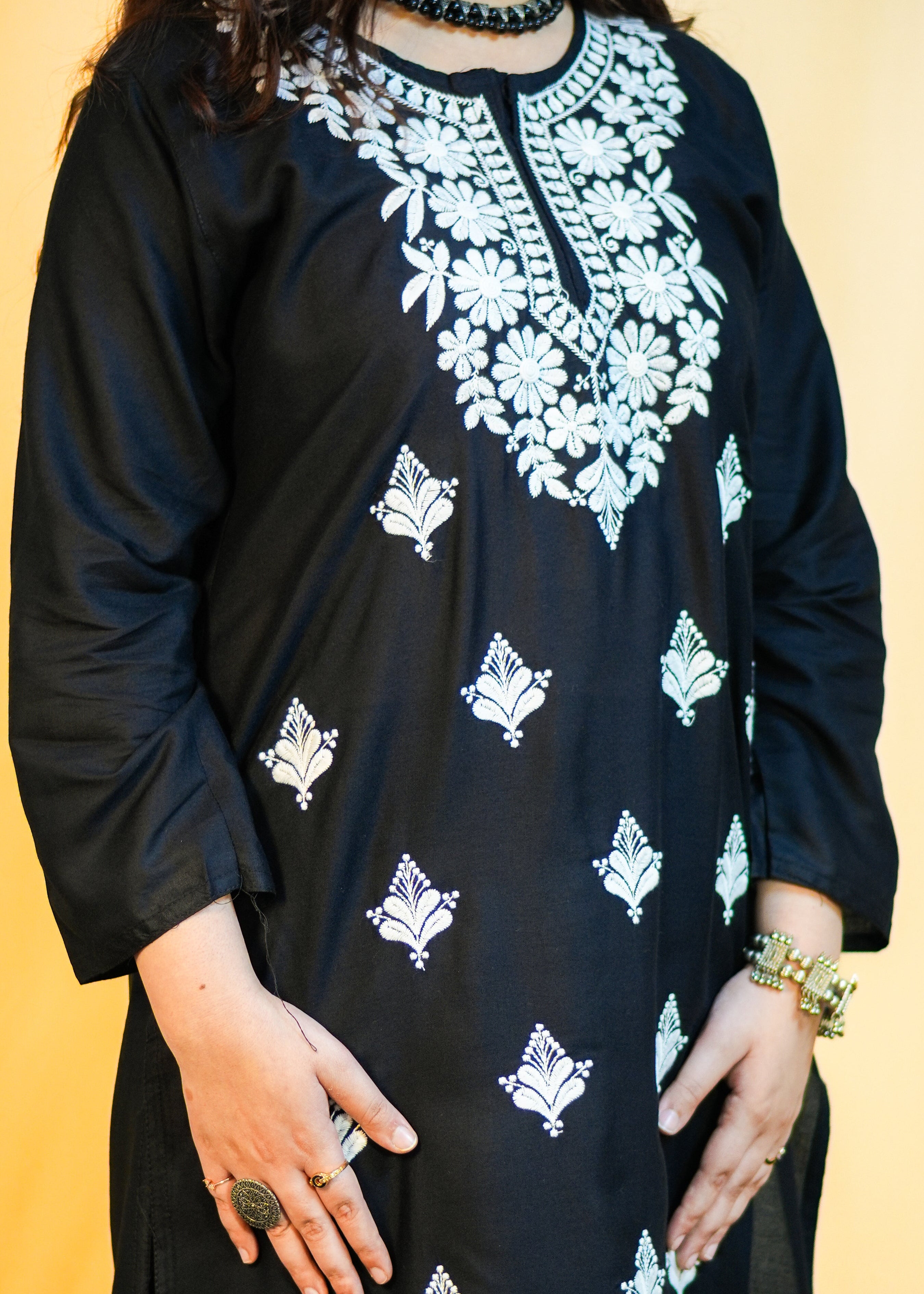 Black With White Embroidery Chikankari Mull Kurti Set