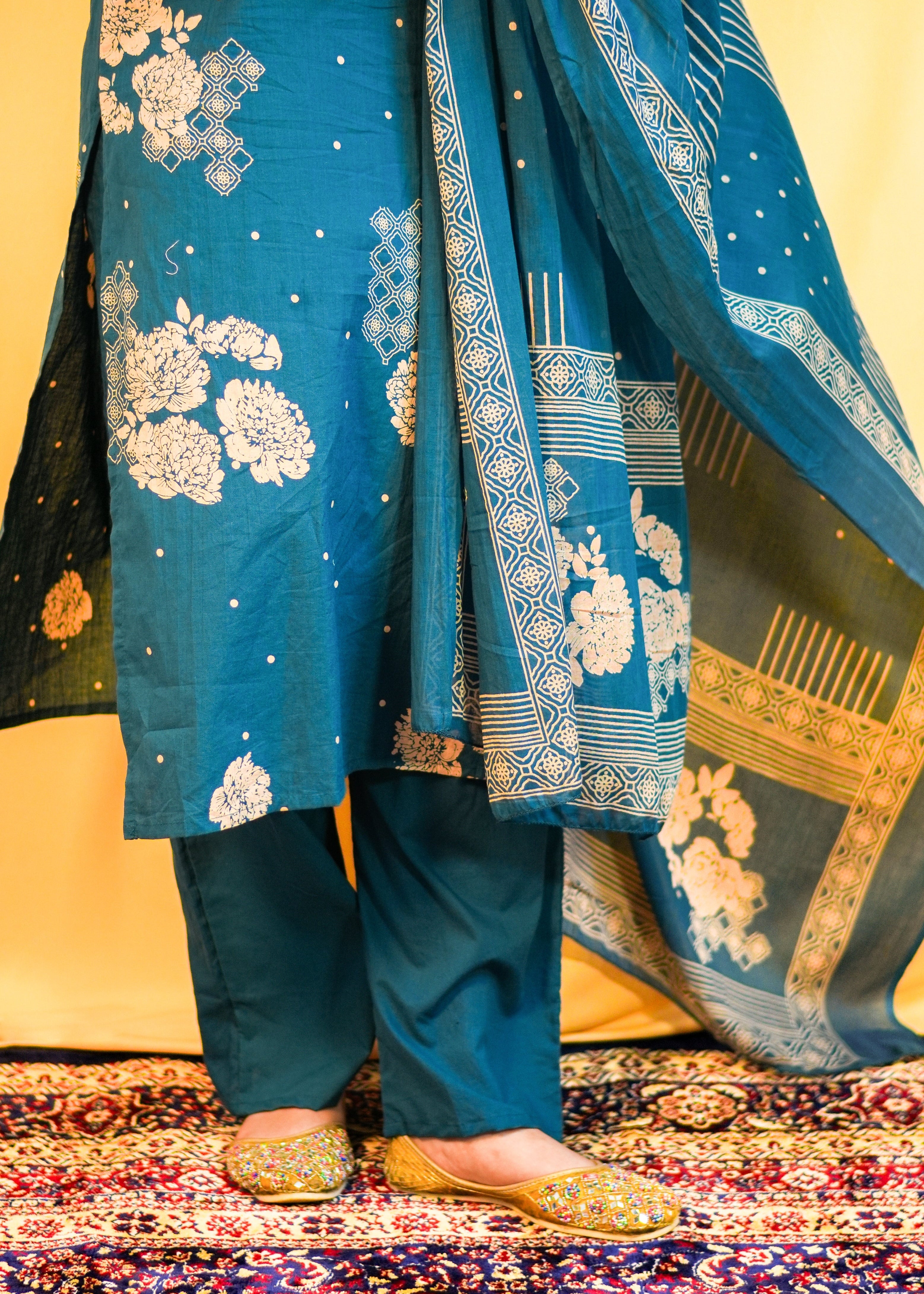 Soft Cotton Blue Floral Dress with Elegant Sequin Detailing