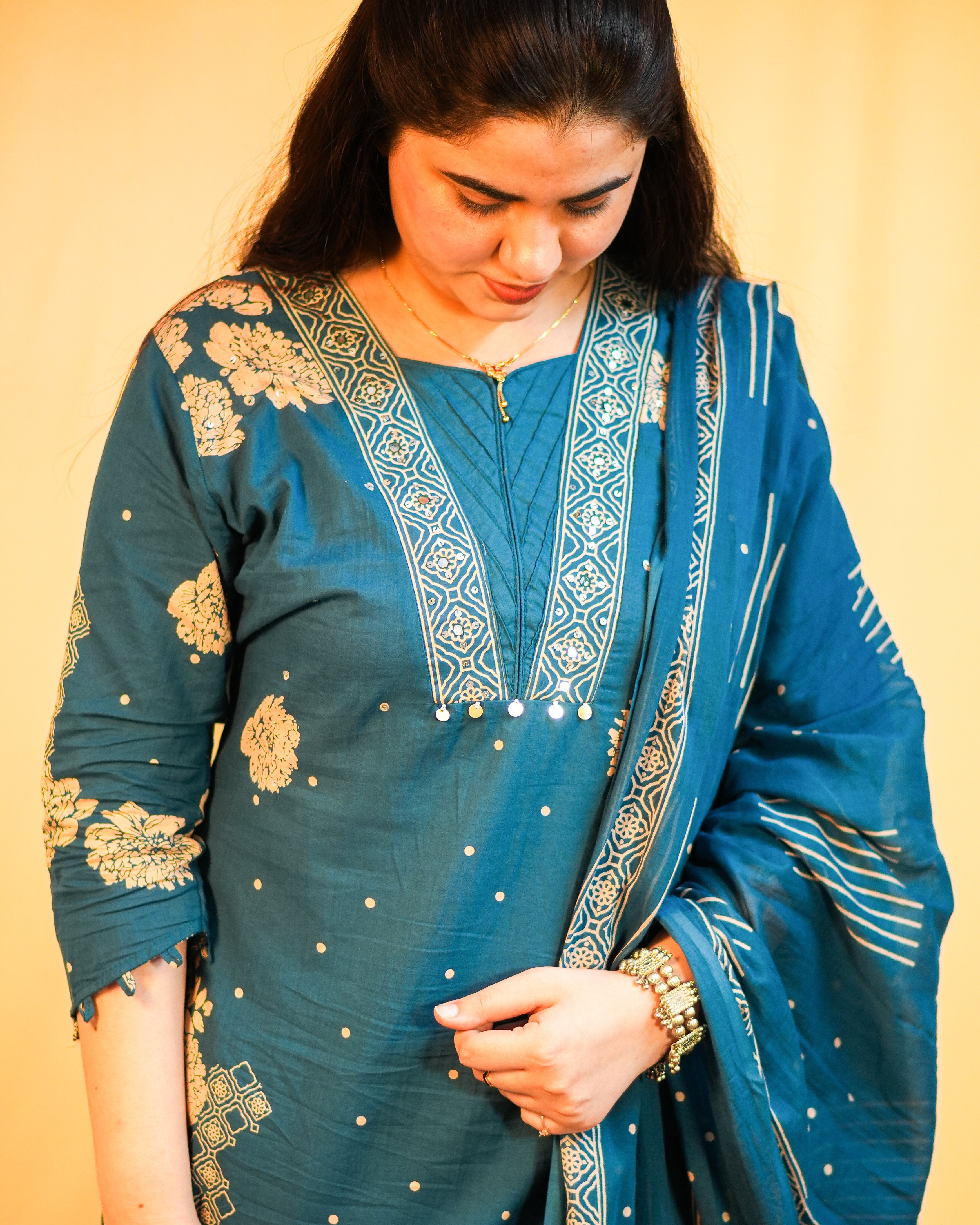 Soft Cotton Blue Floral Dress with Elegant Sequin Detailing