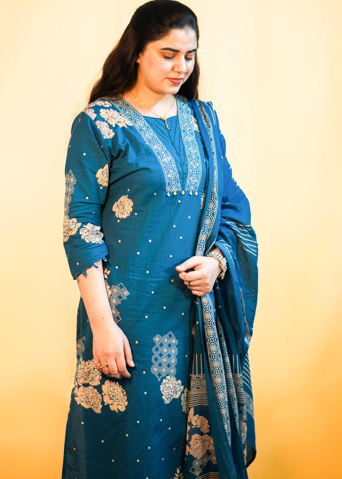Soft Cotton Blue Floral Dress with Elegant Sequin Detailing