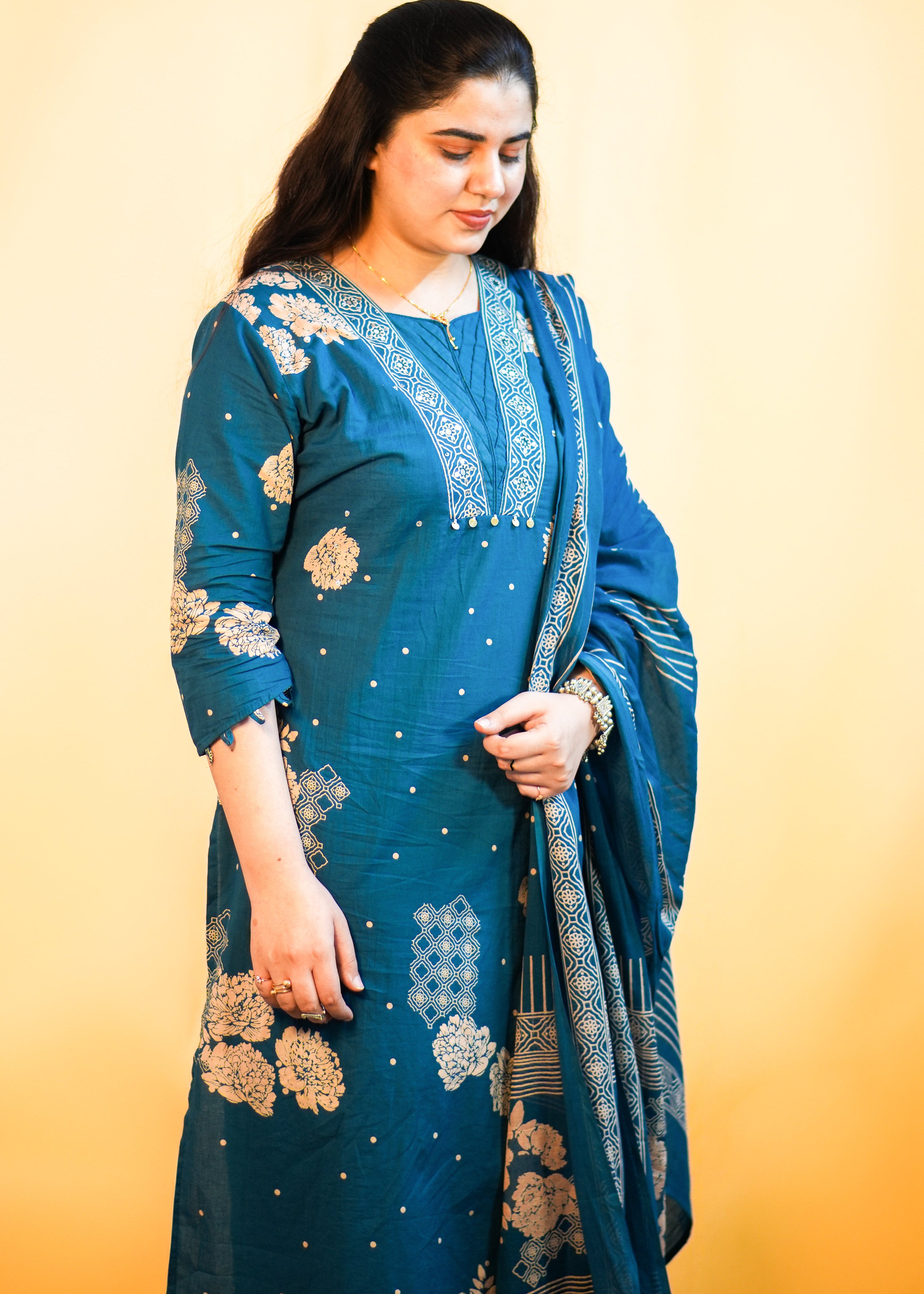 Soft Cotton Blue Floral Dress with Elegant Sequin Detailing