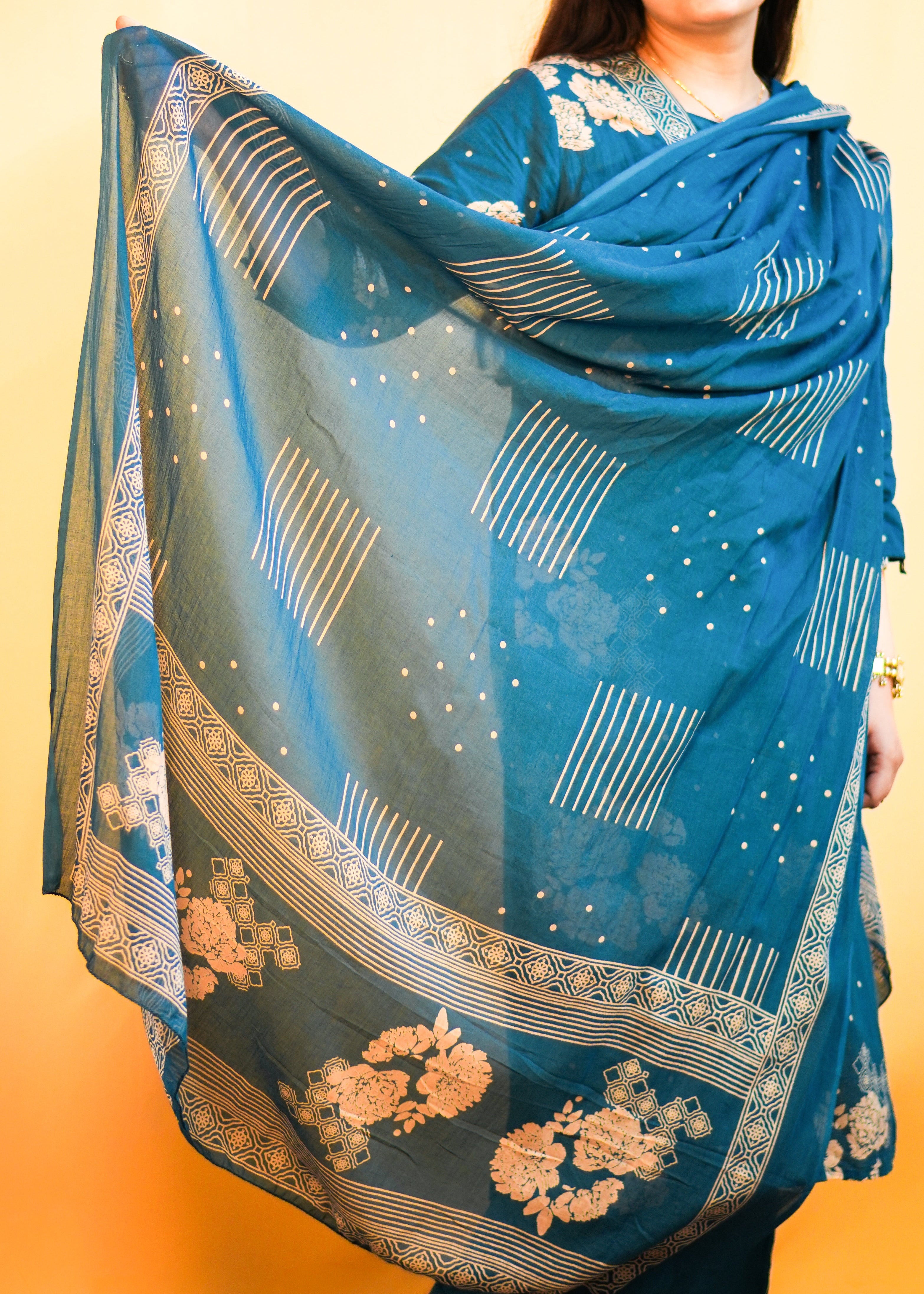 Soft Cotton Blue Floral Dress with Elegant Sequin Detailing