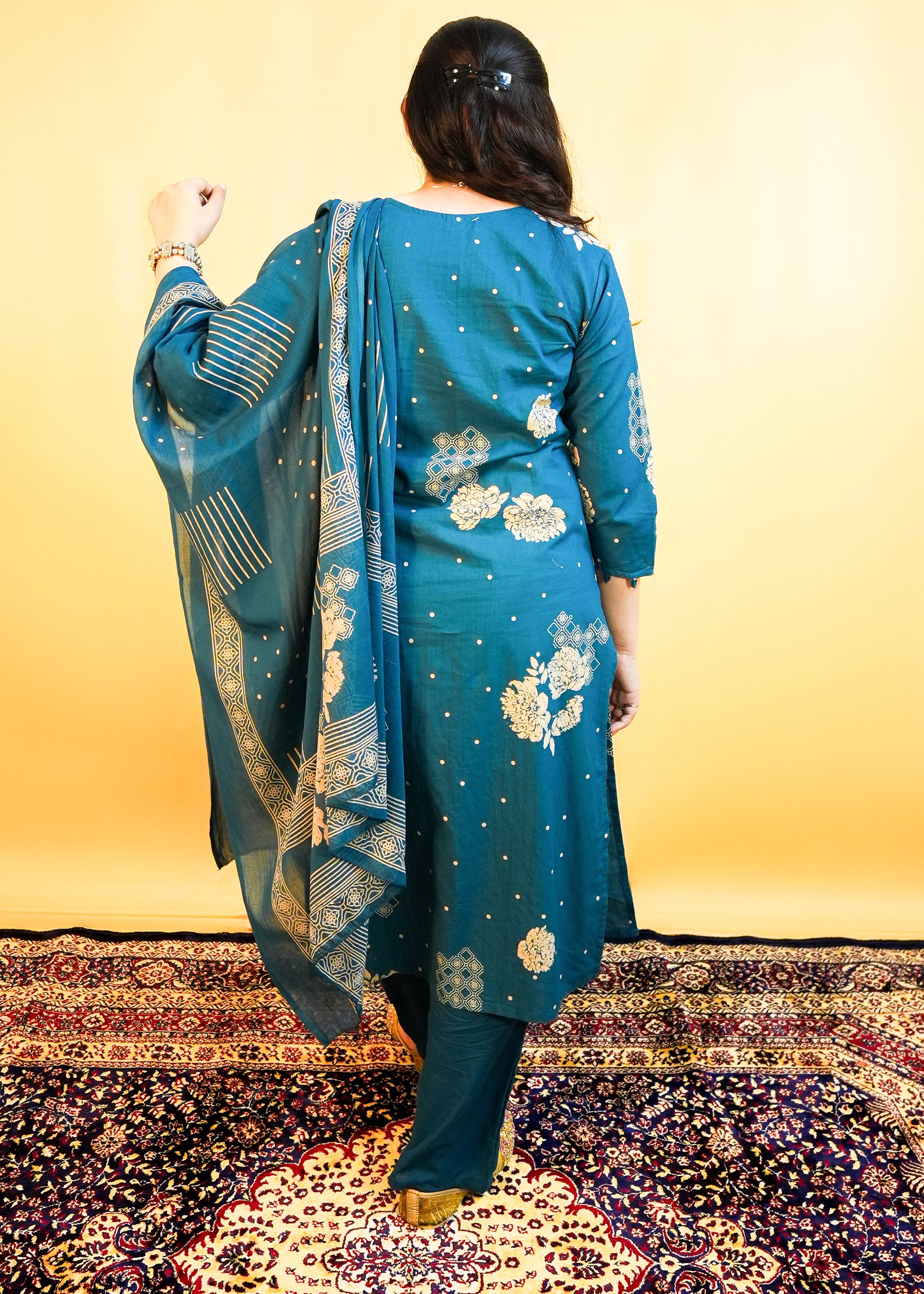Soft Cotton Blue Floral Dress with Elegant Sequin Detailing