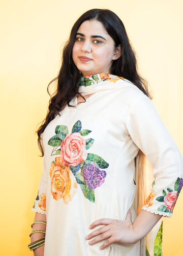 Woman wearing a white outfit with floral patterns on a yellow background