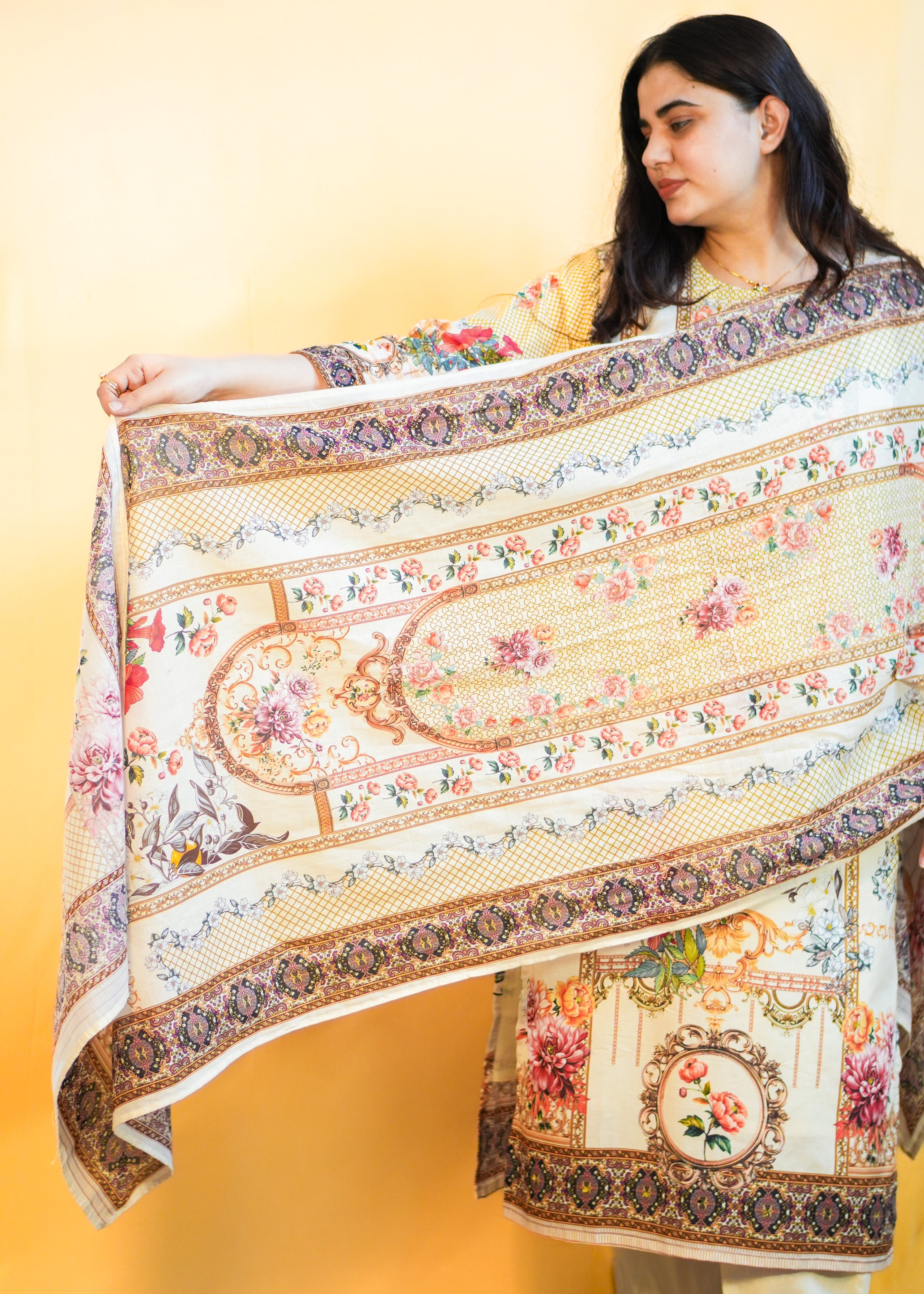 Beige Colour Cotton Floral Dress with Cutdana, Mirror & Pearl Detailing