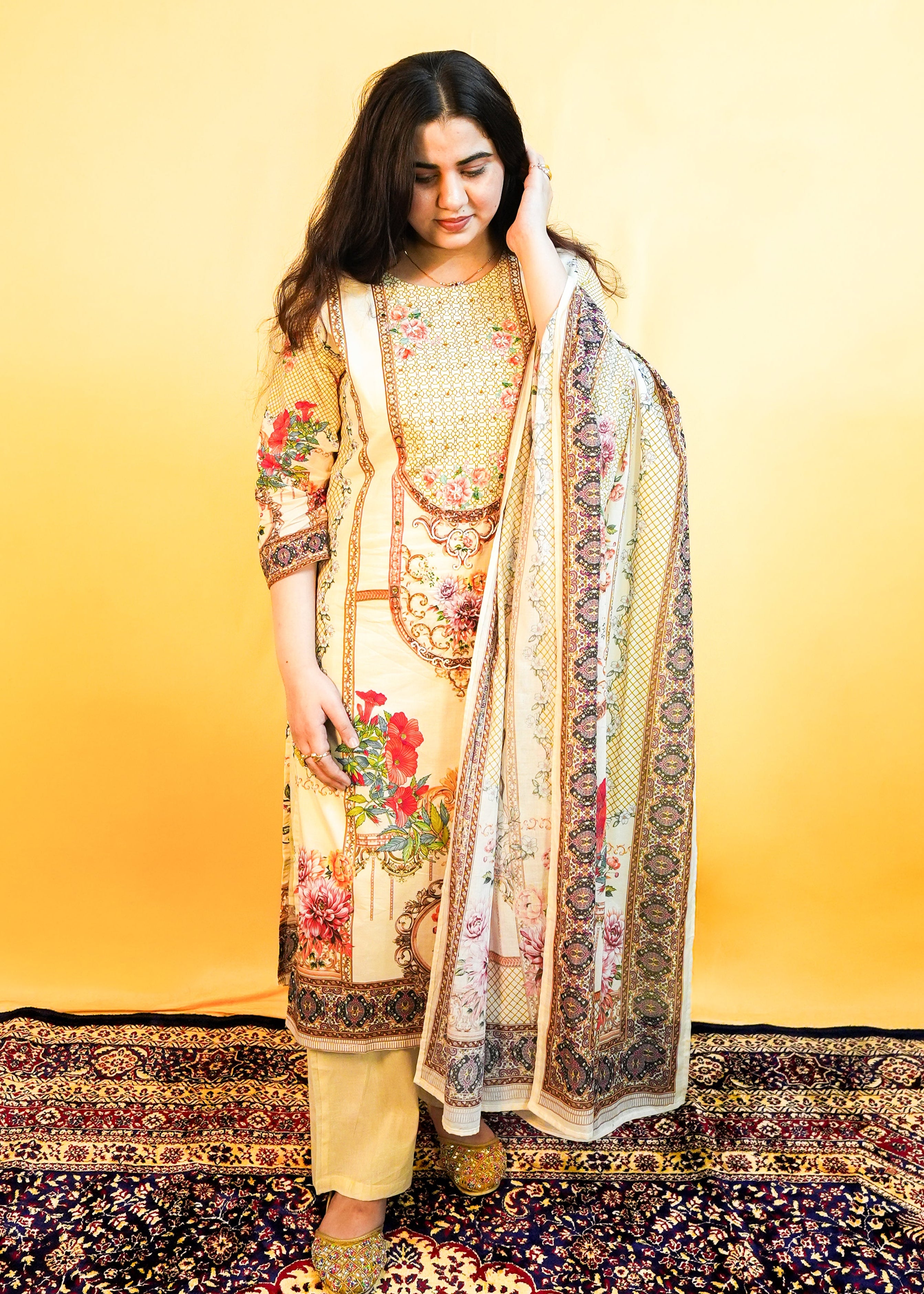 Beige Colour Cotton Floral Dress with Cutdana, Mirror & Pearl Detailing