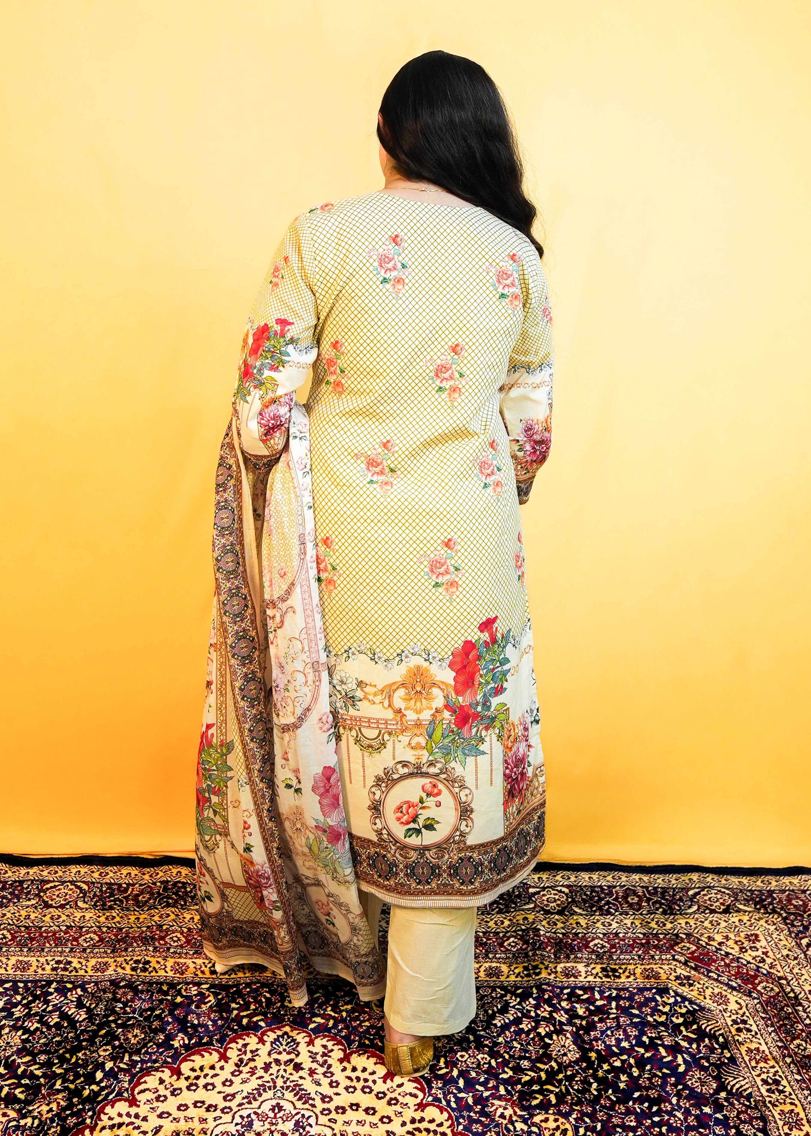Beige Colour Cotton Floral Dress with Cutdana, Mirror & Pearl Detailing