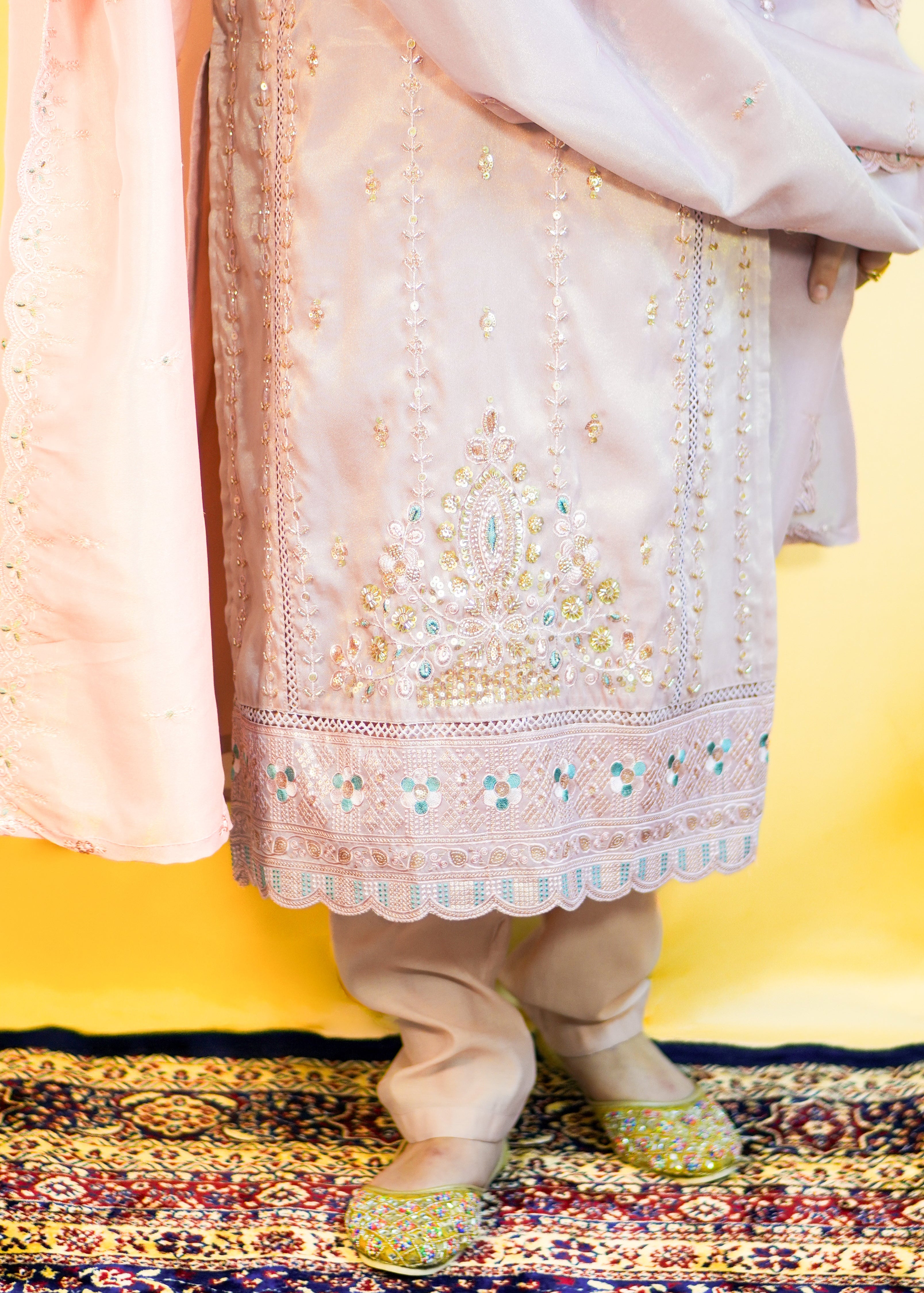 Light Pink Georgette Chiffon Blend Dress with Elegant Embroidery & Cutwork