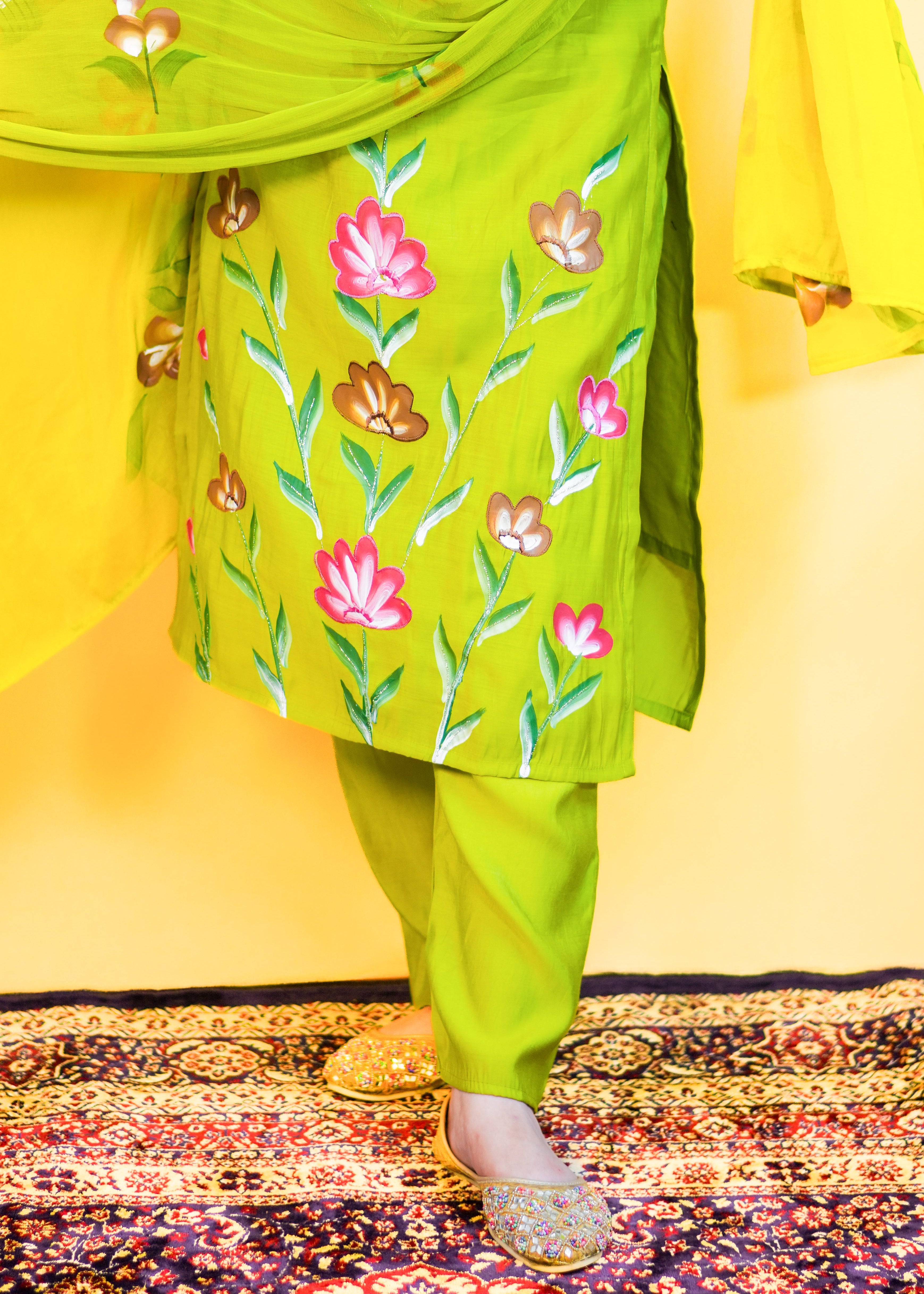 Floral Hand-Painted Cotton Dress with Elegant Detailing