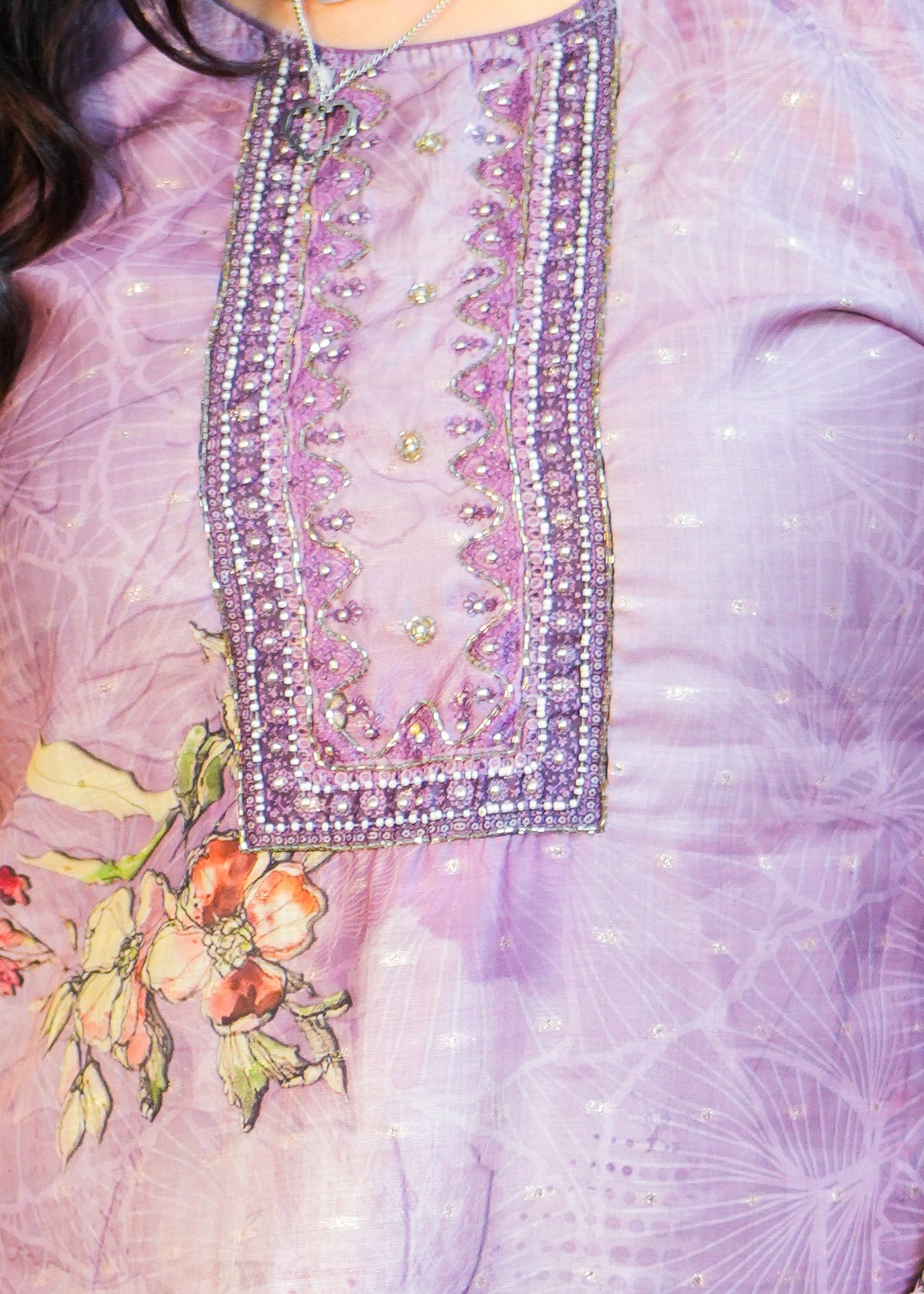 Purple Cotton Linen Blend Dress with Cutdana Work & Elegant Print