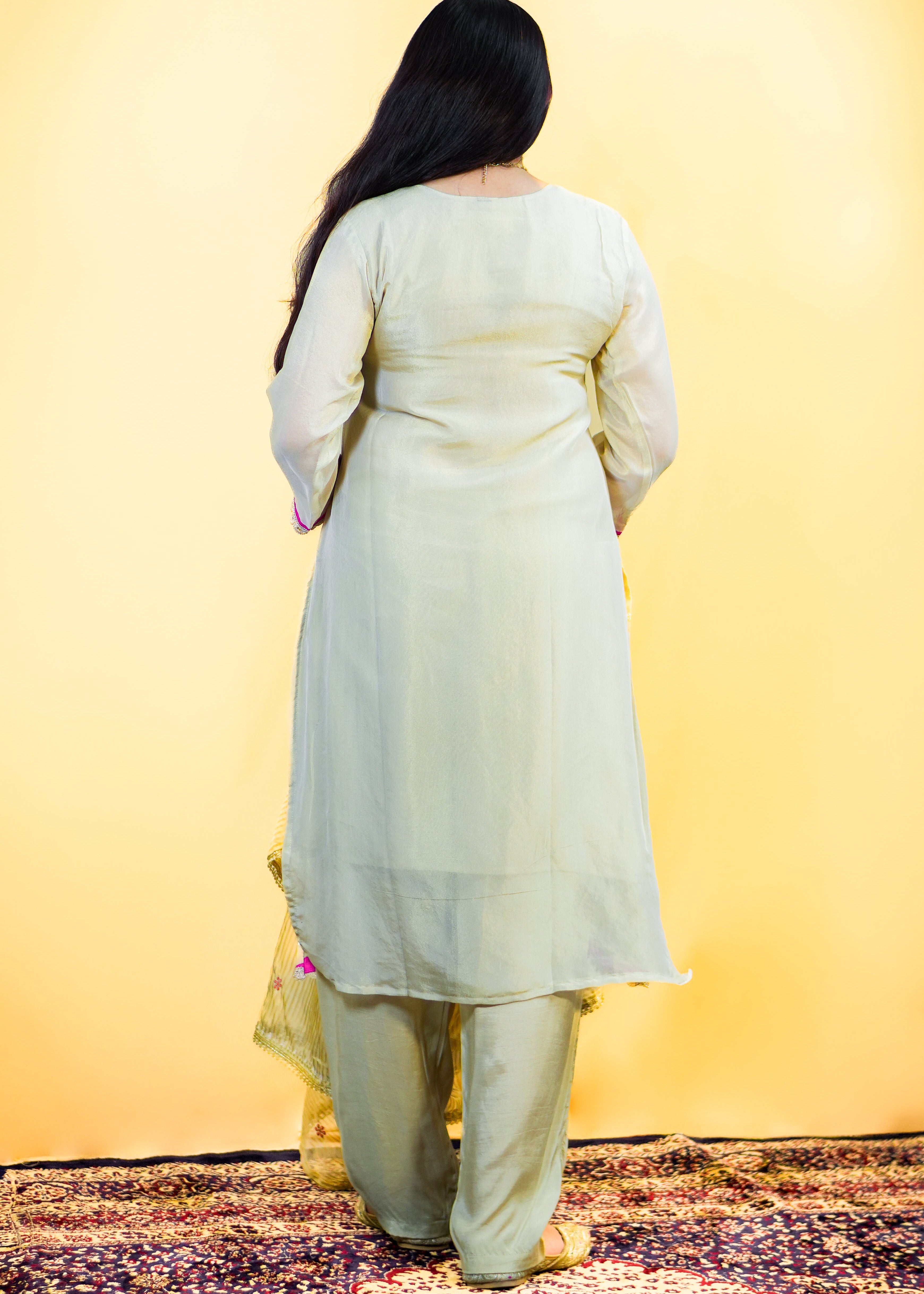 Person wearing a light green traditional outfit with a yellow background