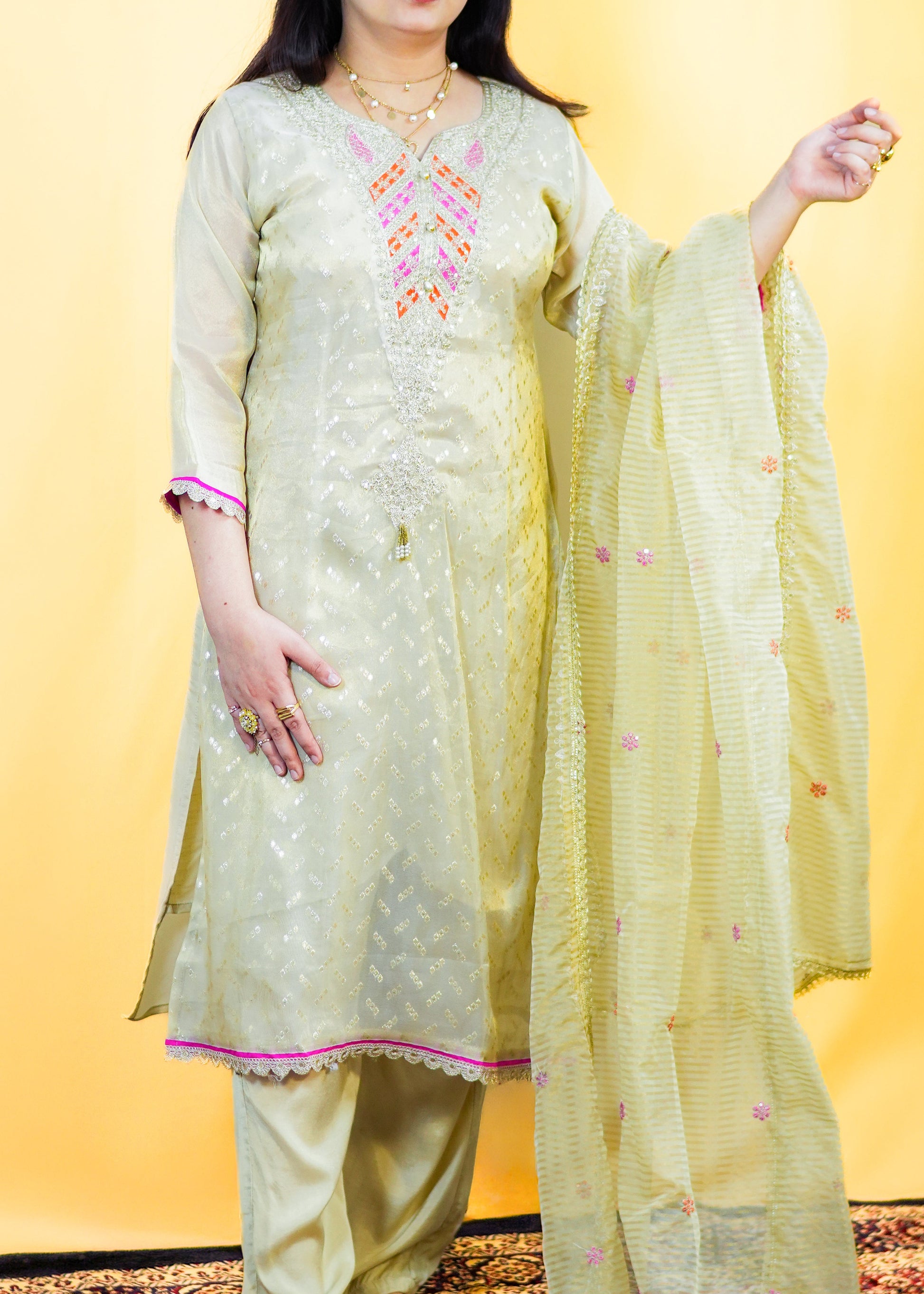 Woman wearing a light green traditional outfit with a yellow background