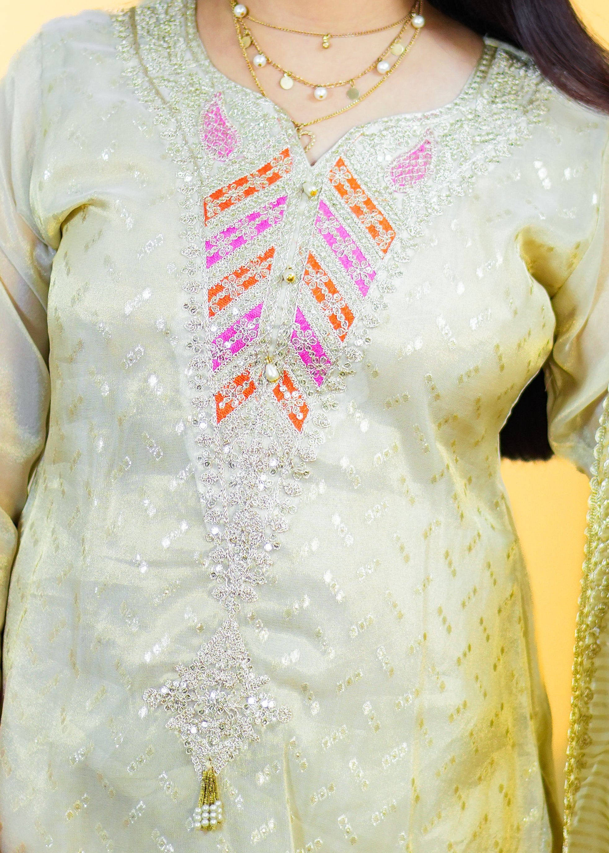 Woman wearing a light green traditional outfit with pink and orange embroidery against a yellow background