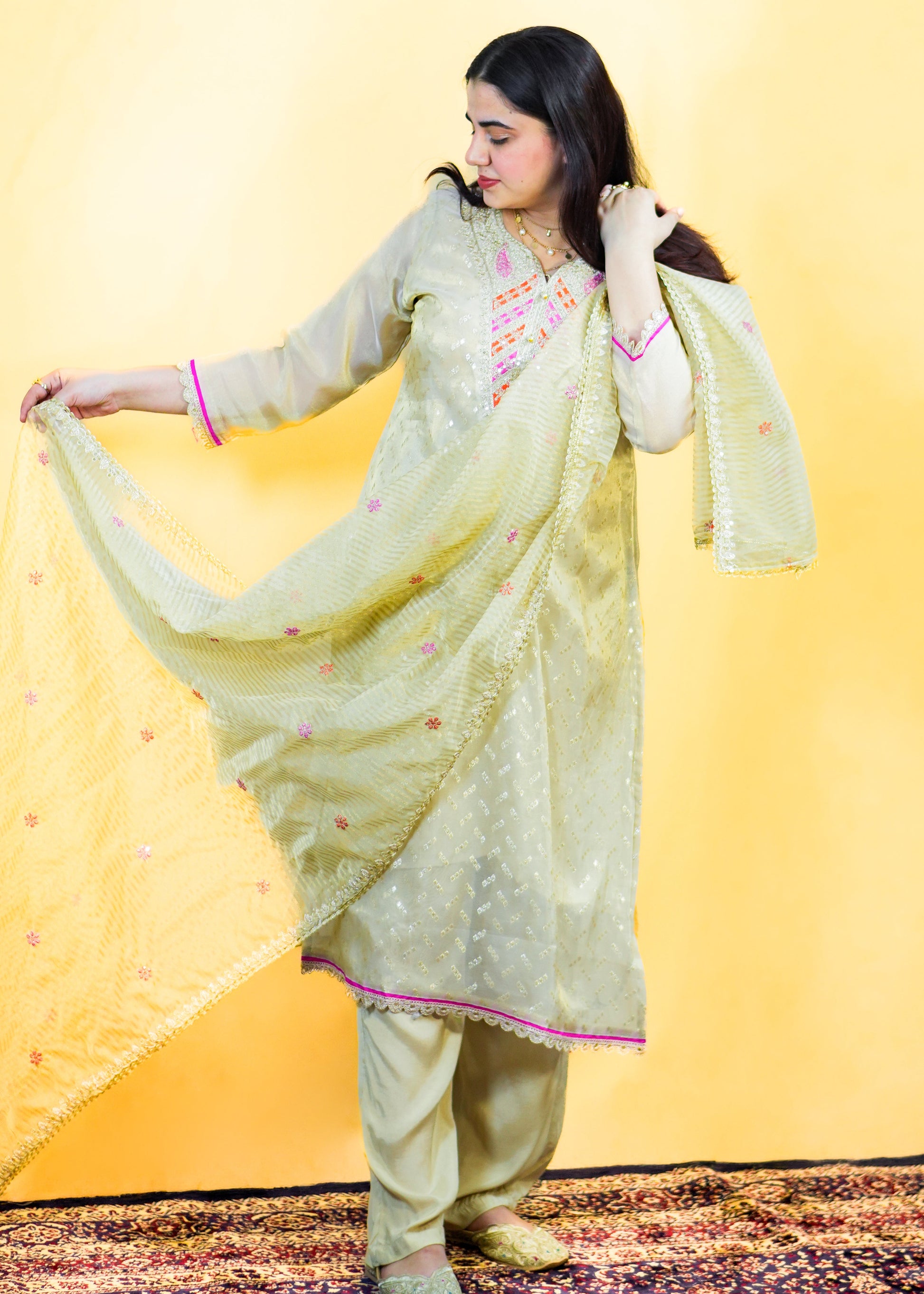 Woman in a light green saree with pink border on a yellow background