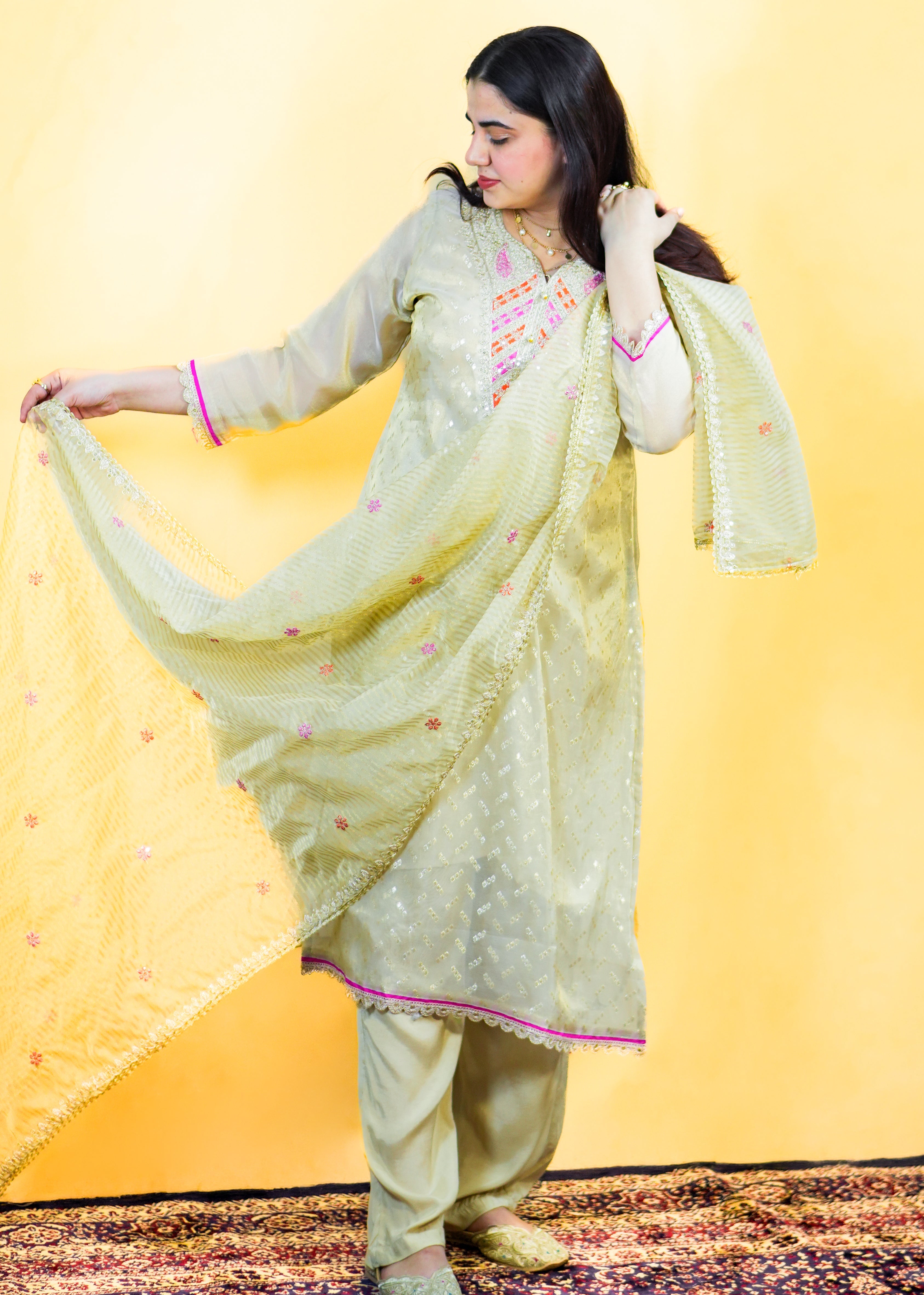 Woman in a light green saree with pink border on a yellow background