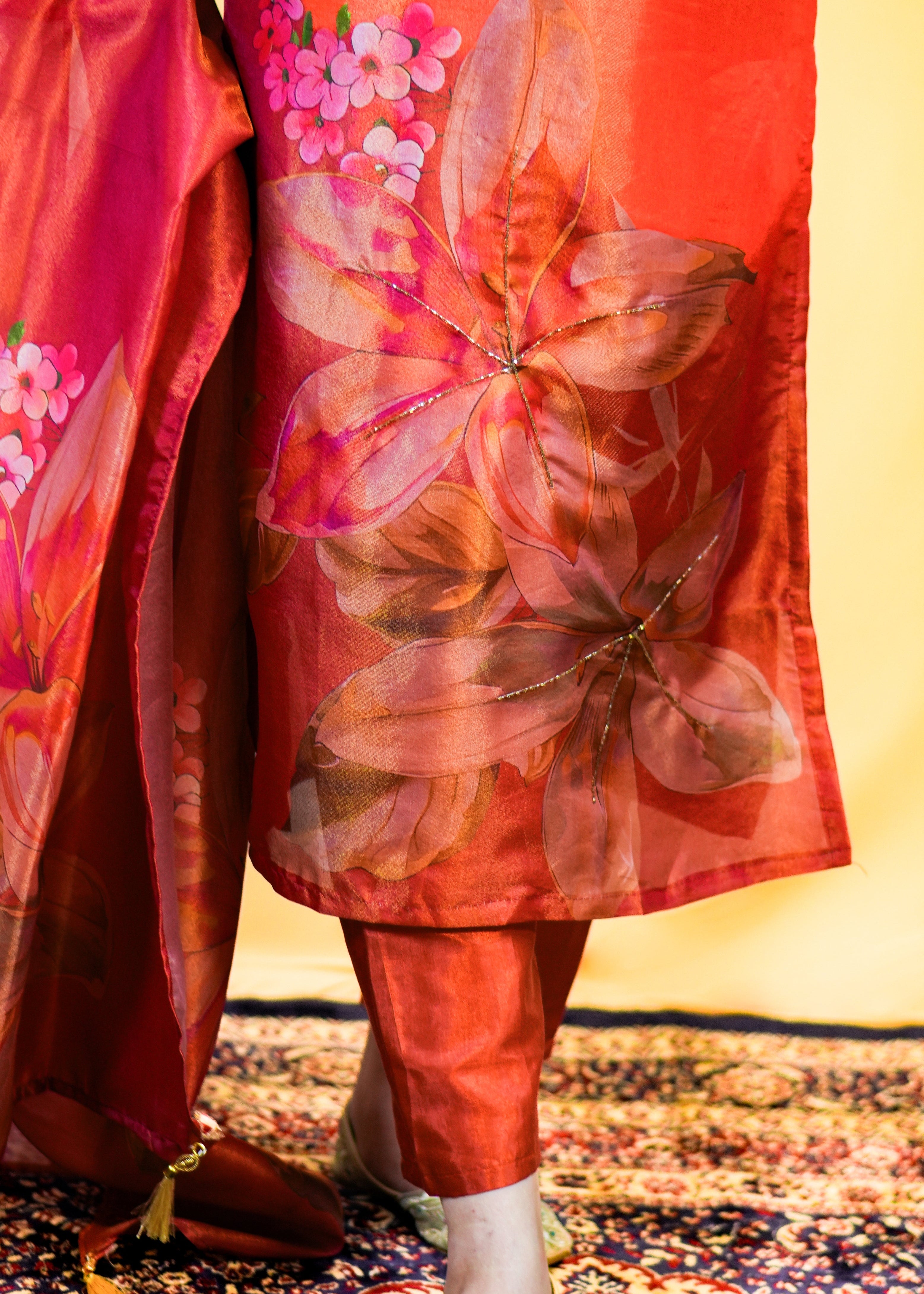 Red Floral Charm Dress with Elegant Neck Embroidery & Pearl Detailing