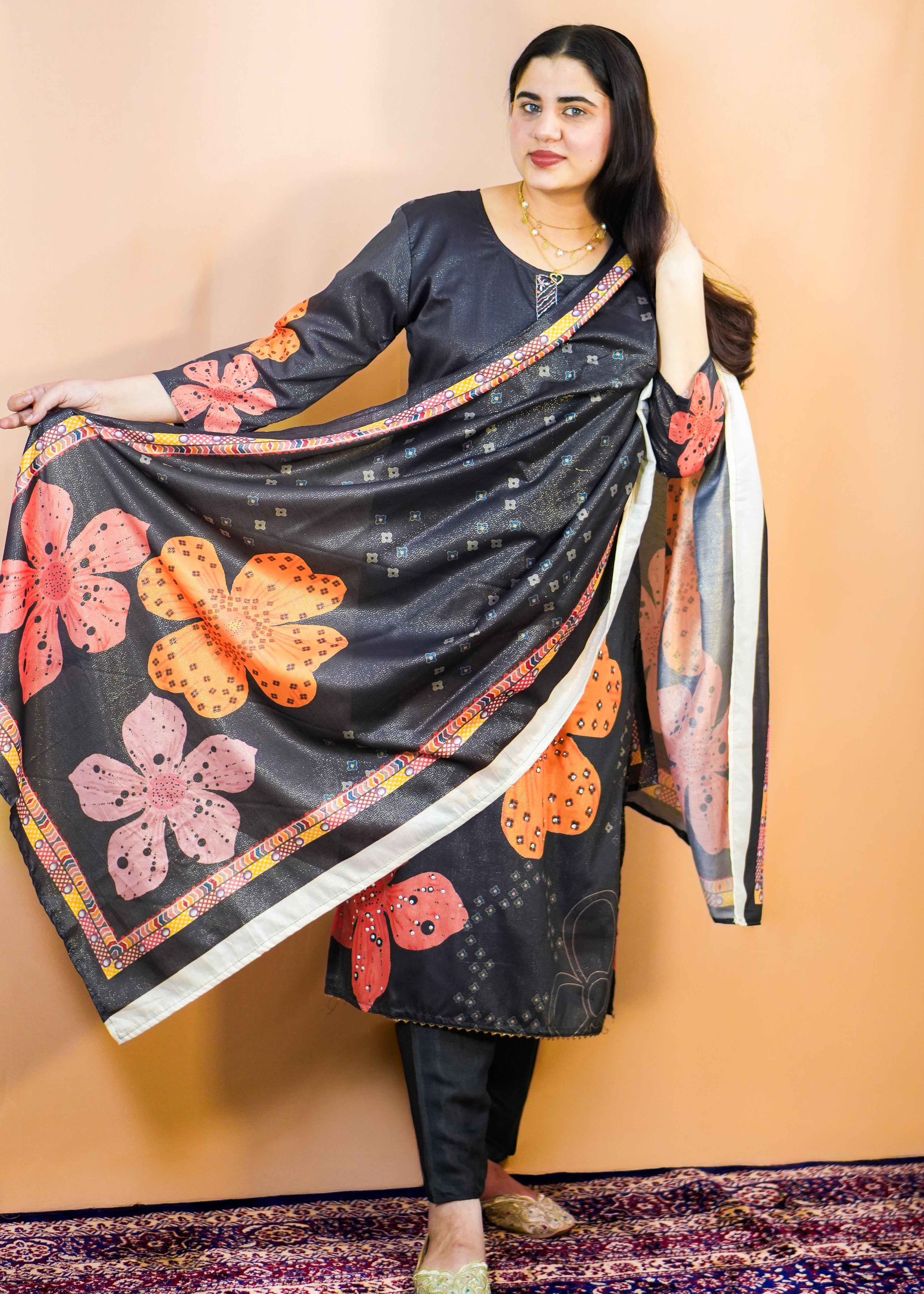 Black Cotton Silk Blend Dress with Elegant Neck Work & Floral Charm