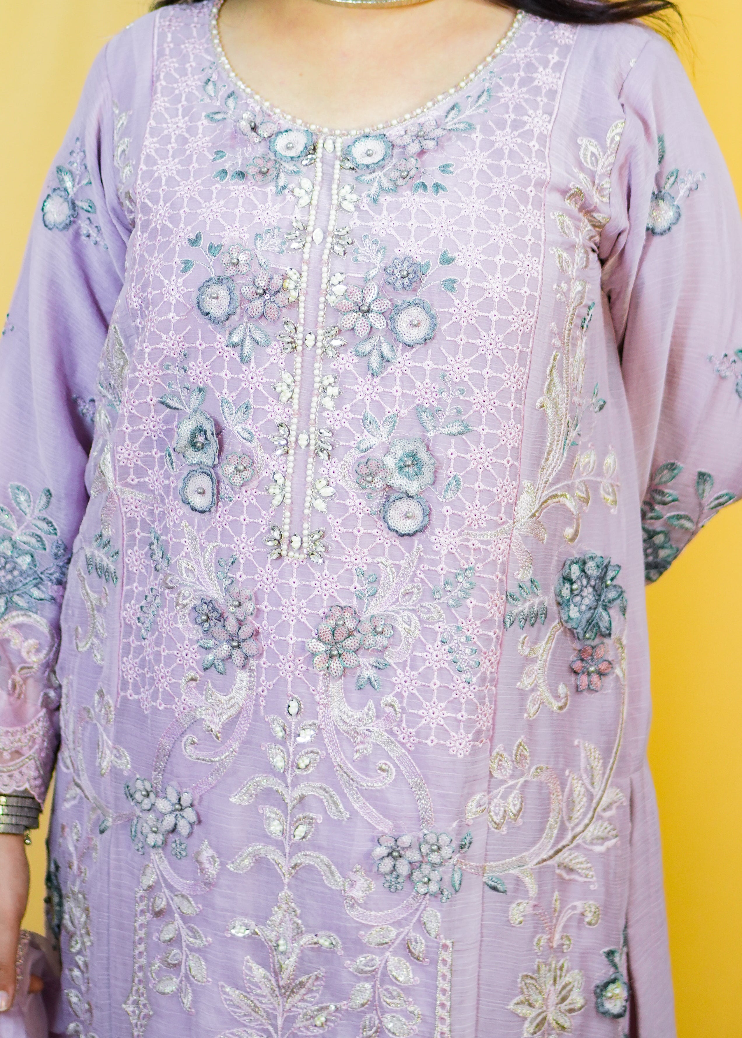 Lavender Organza Floral Patchwork Dress with Pearl Neck Work
