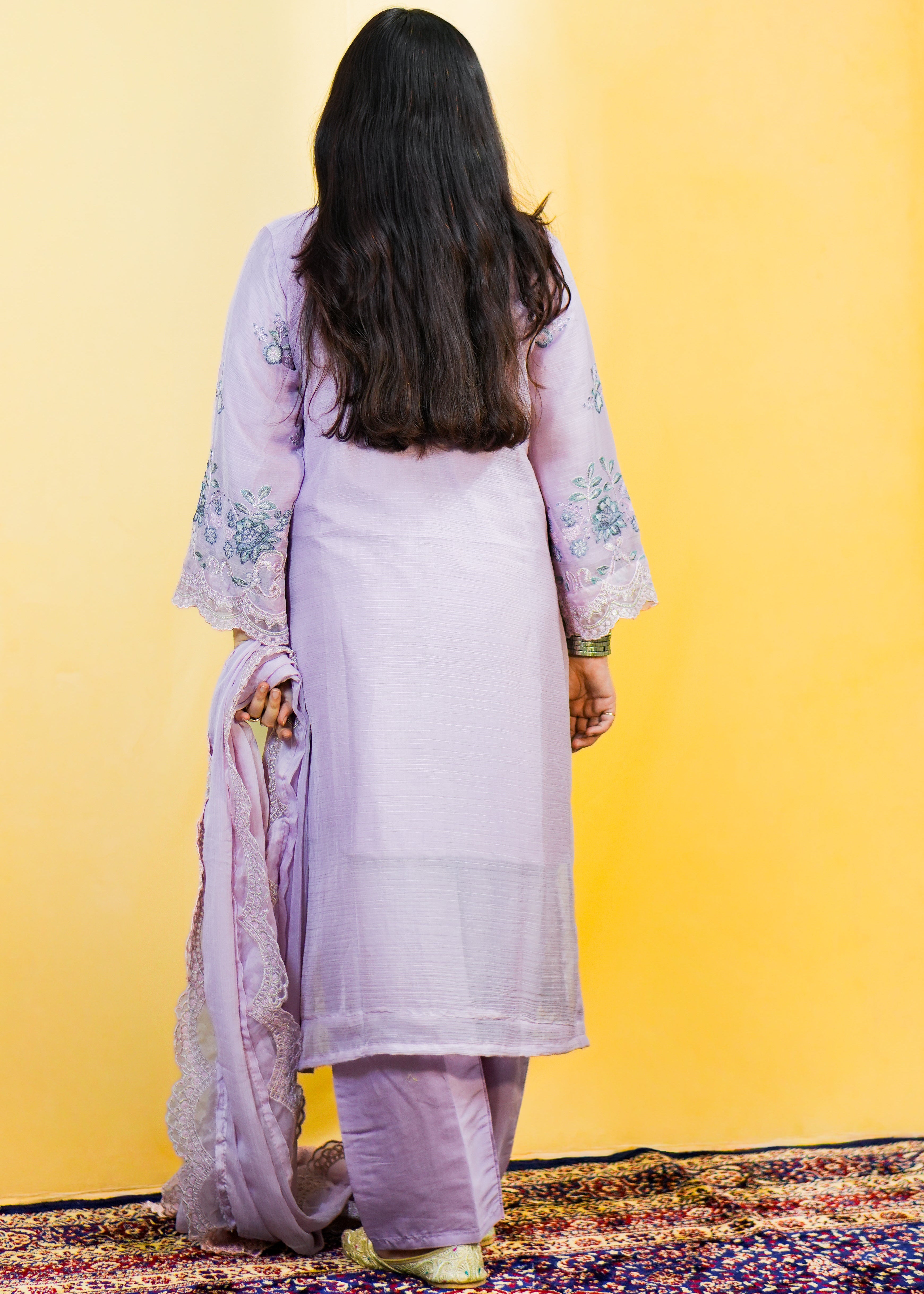 Lavender Organza Floral Patchwork Dress with Pearl Neck Work