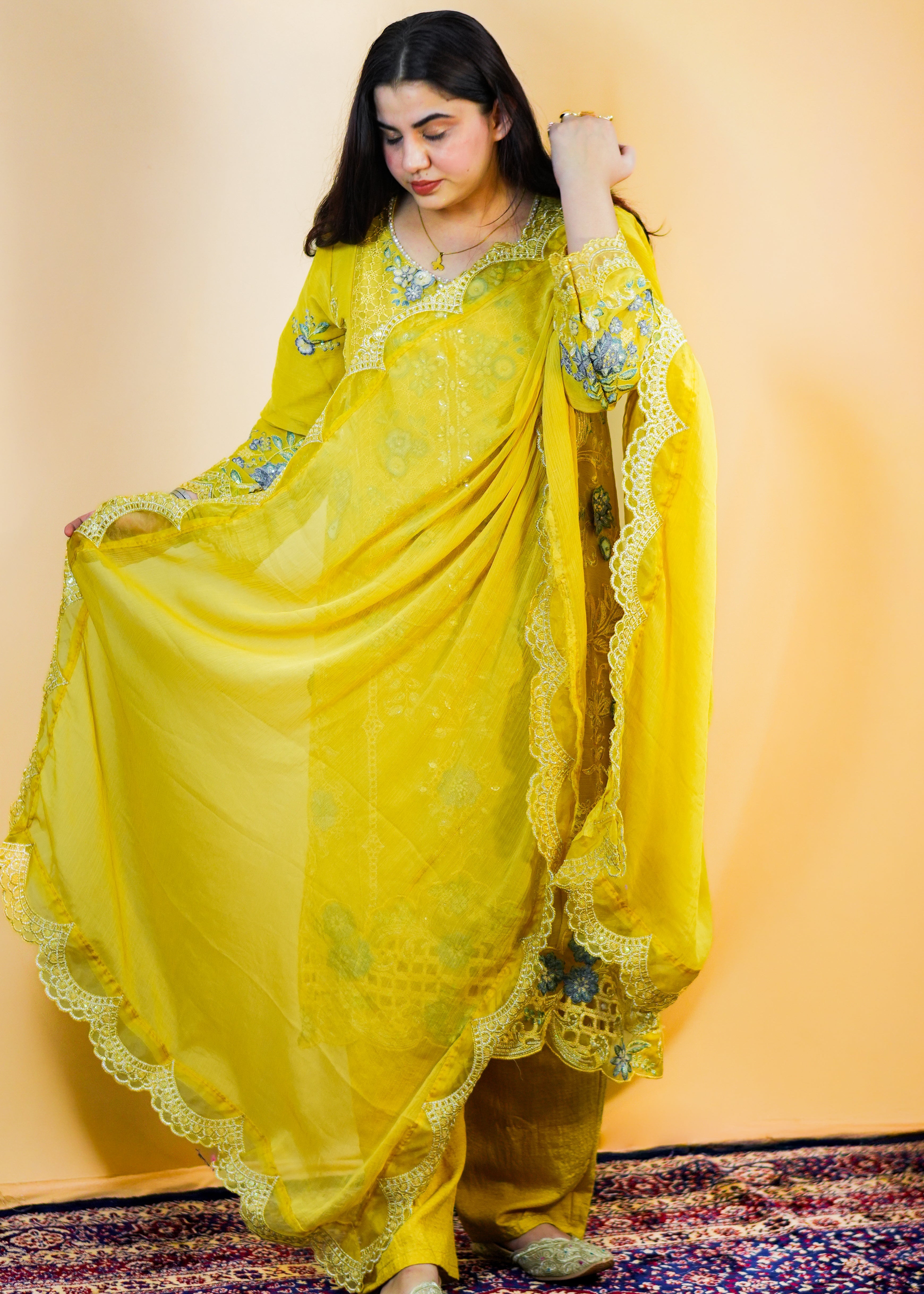 Yellow Organza Floral Patchwork Dress with Pearl Neck Work