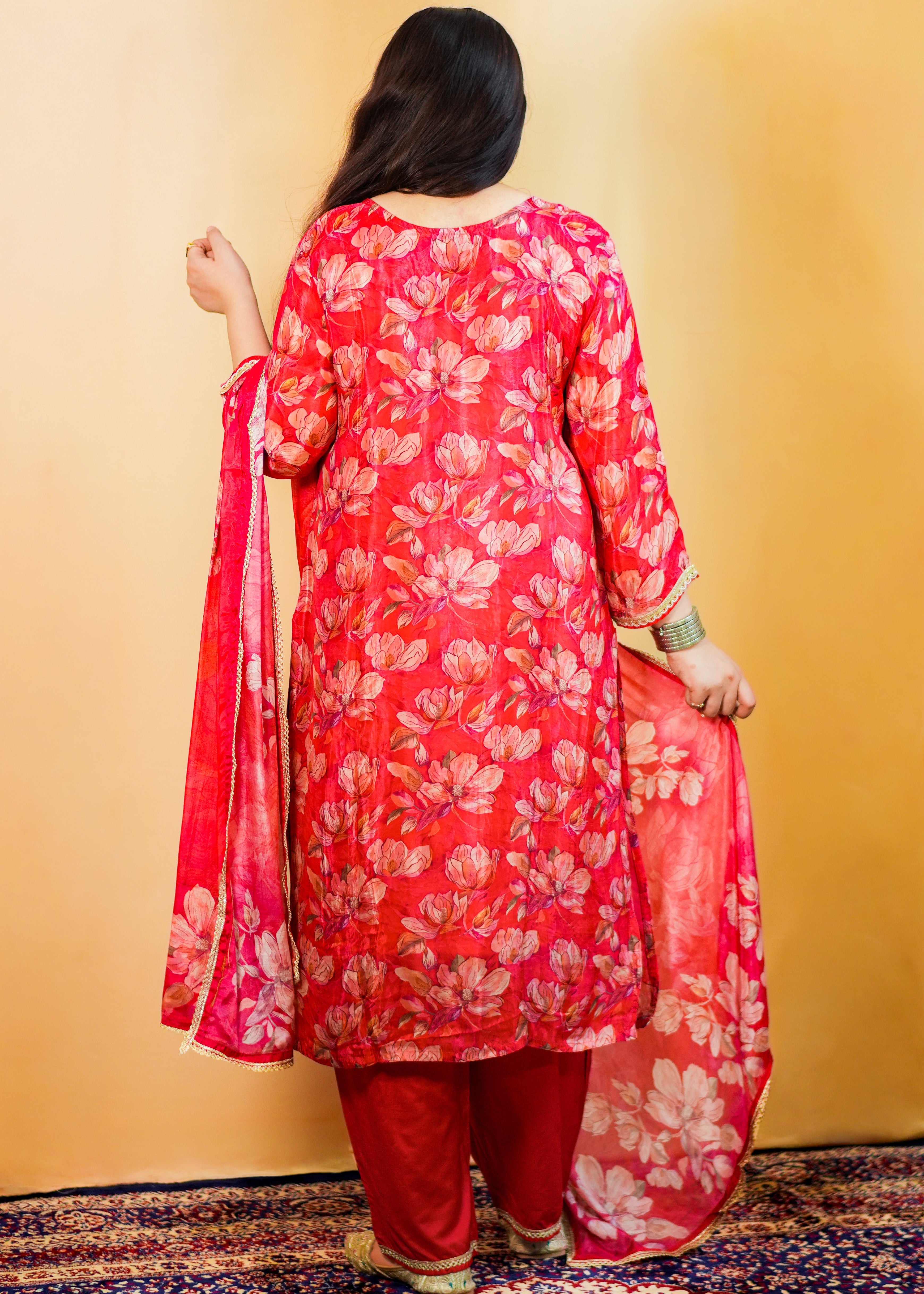 Orange Muslin Printed Dress with Elegant Neck Embroidery & Sequin Detailing
