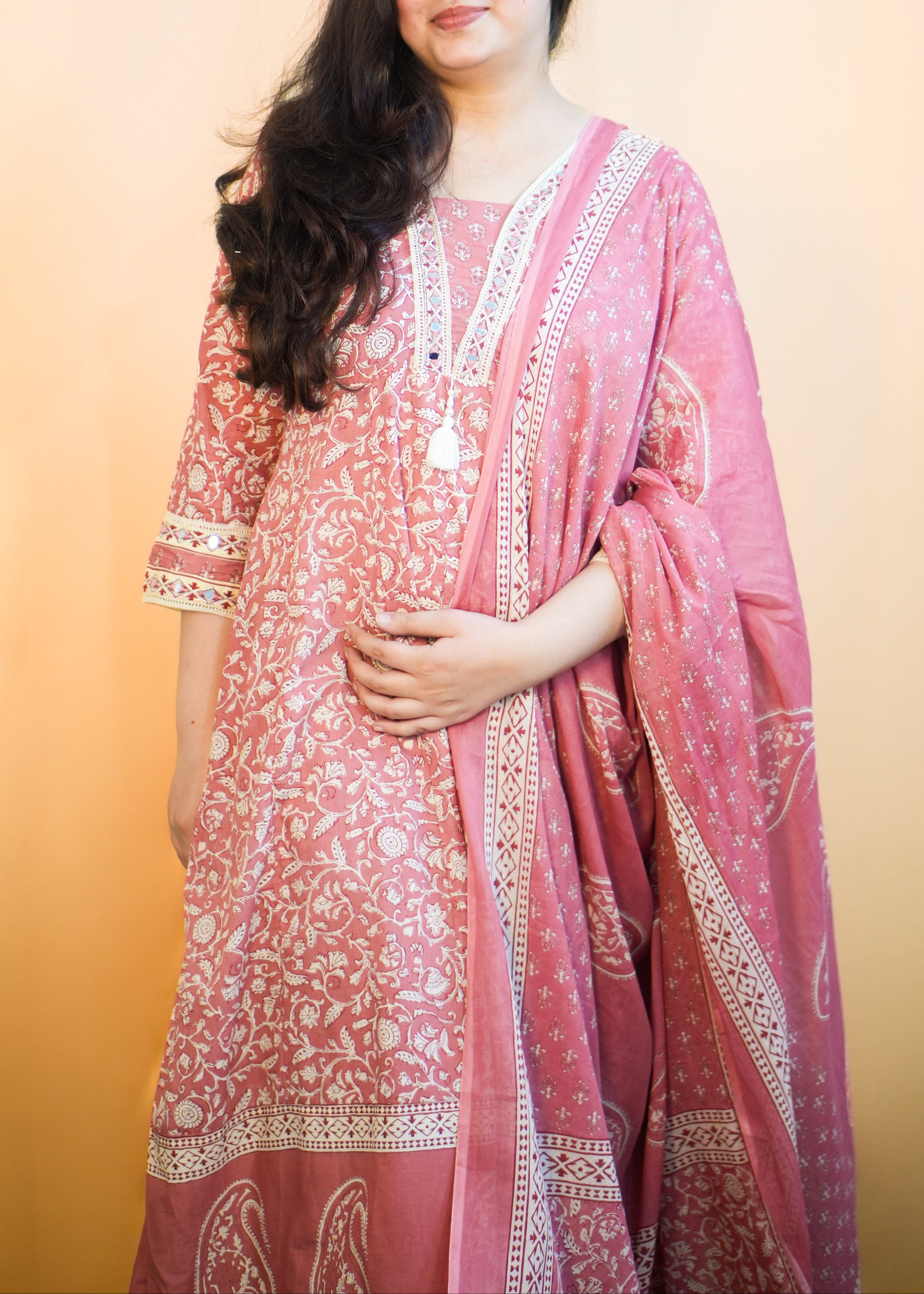 Pink Gorgeous Anarkali Dress with Floral Print & Mirror Work