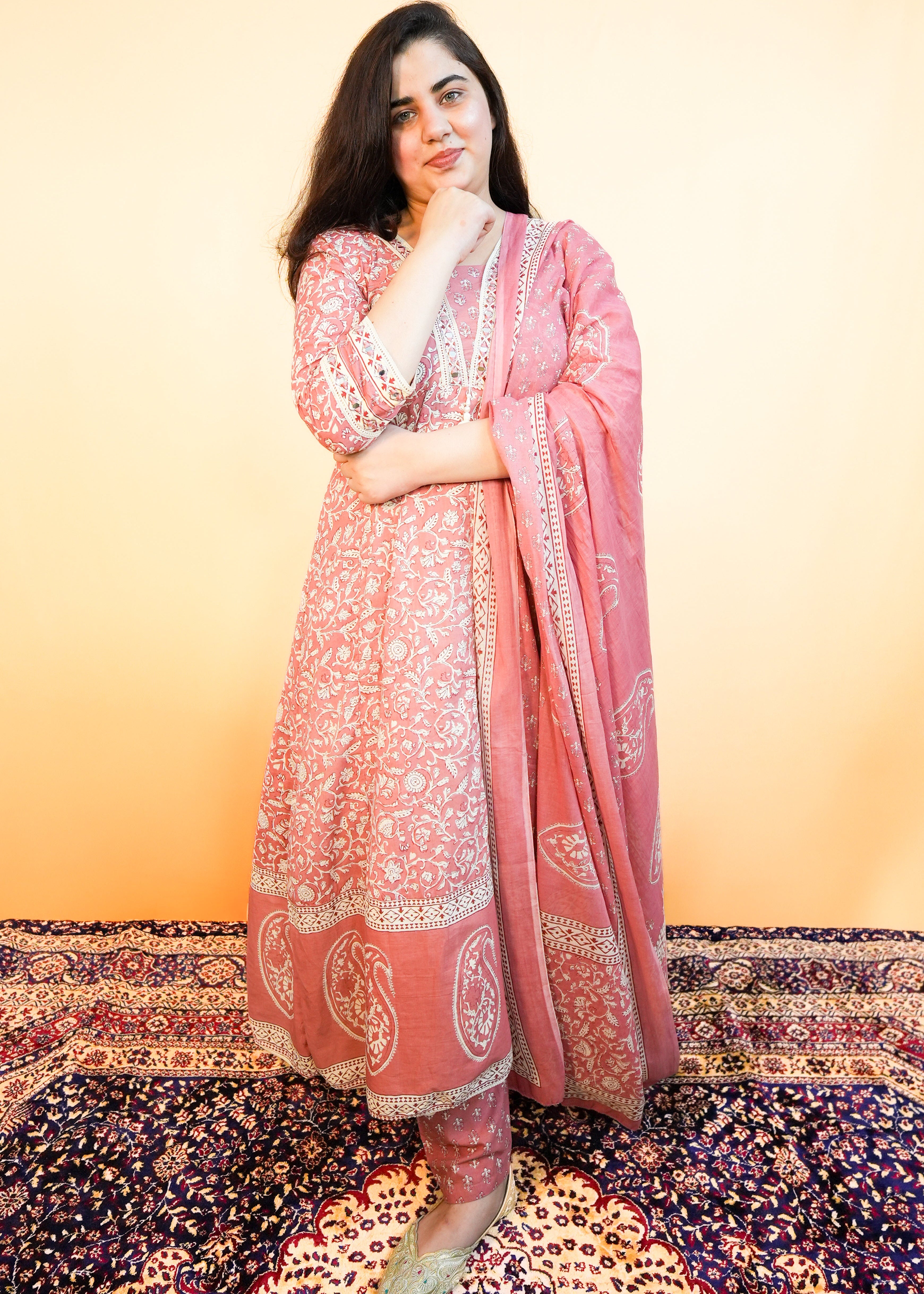 Pink Gorgeous Anarkali Dress with Floral Print & Mirror Work