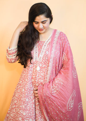 Pink Gorgeous Anarkali Dress with Floral Print & Mirror Work