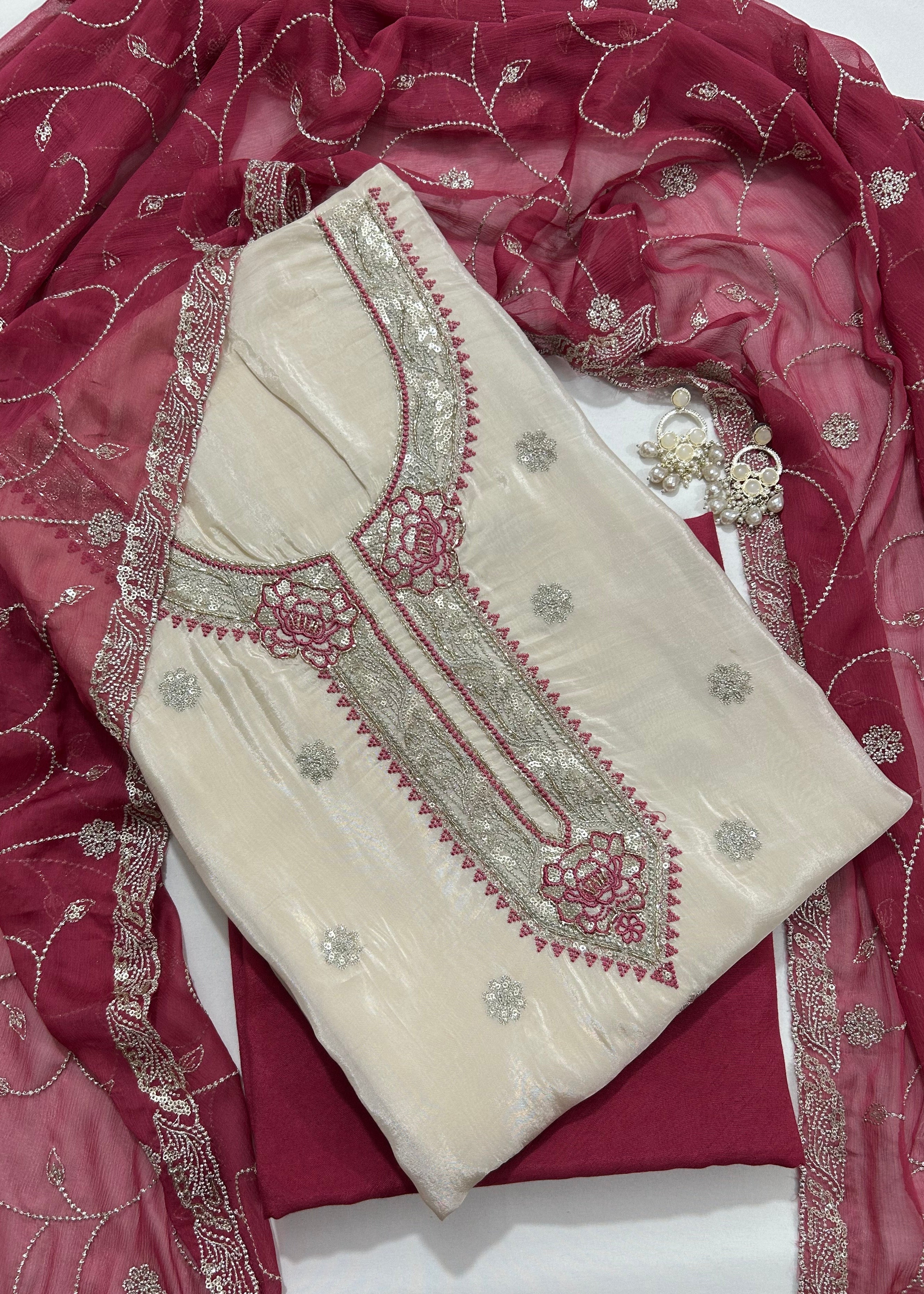 Creme-Red Crepe Dress Material