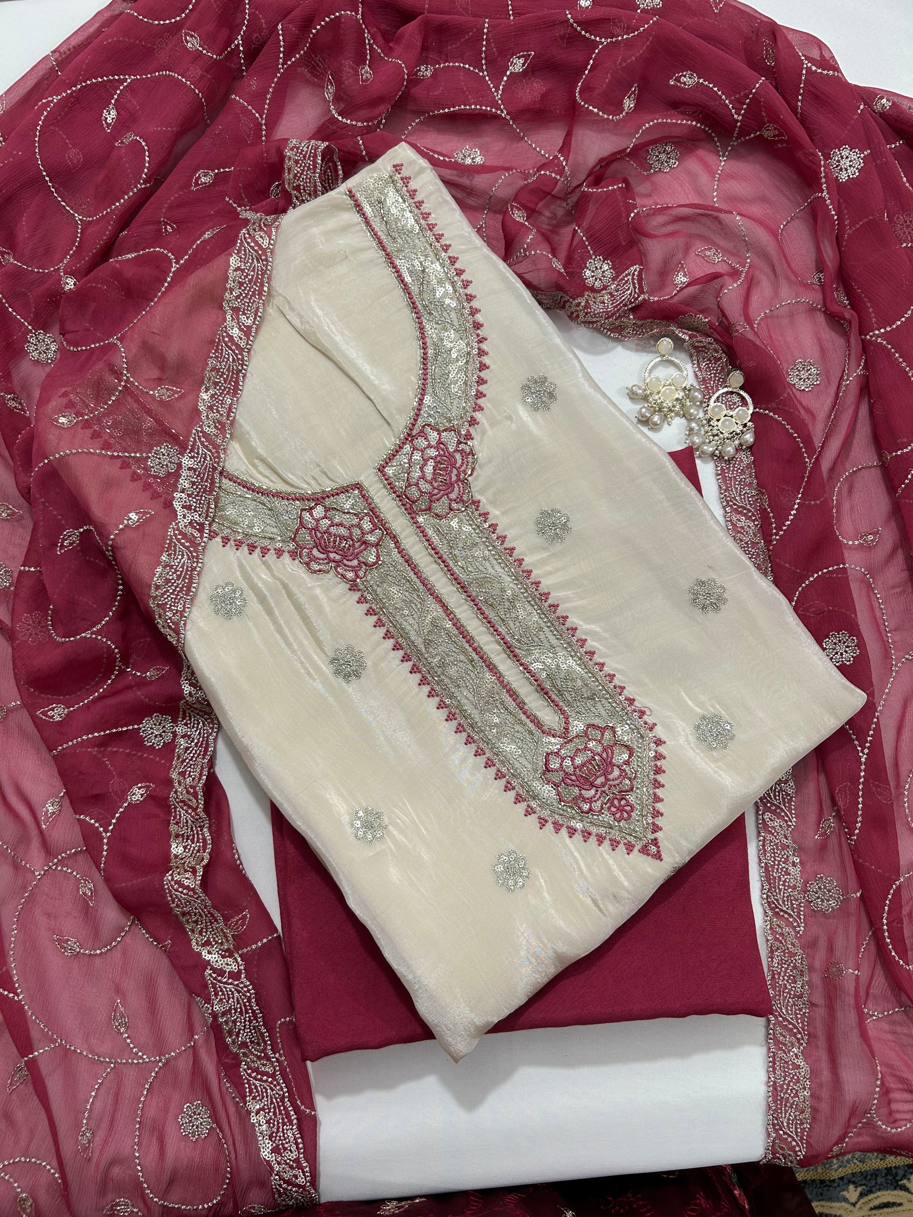 Creme-Red Crepe Dress Material