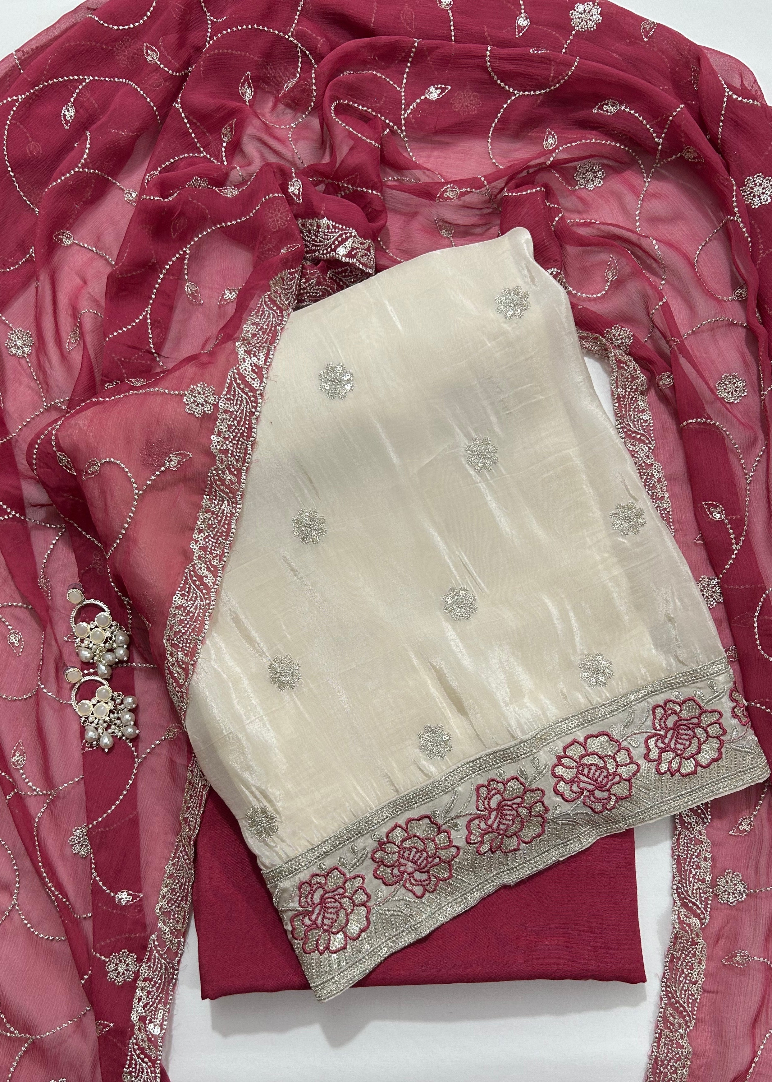 Creme-Red Crepe Dress Material