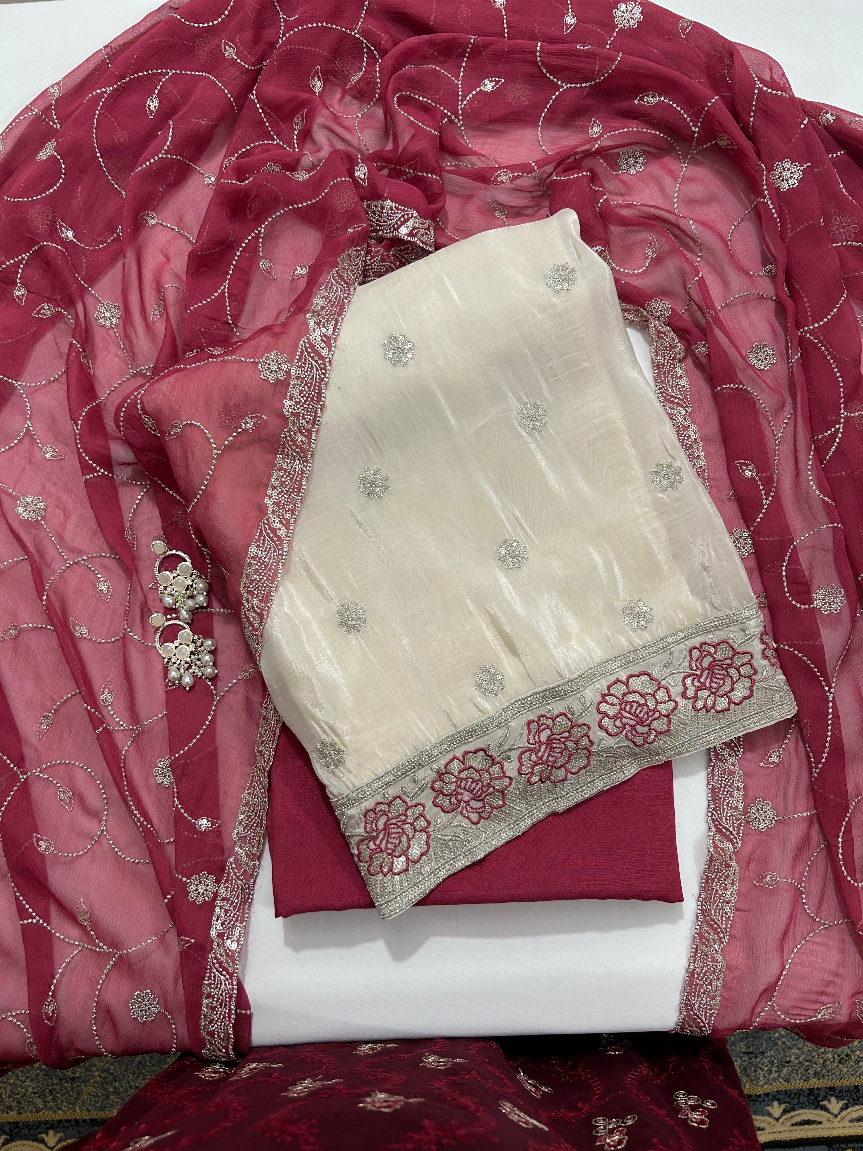Creme-Red Crepe Dress Material