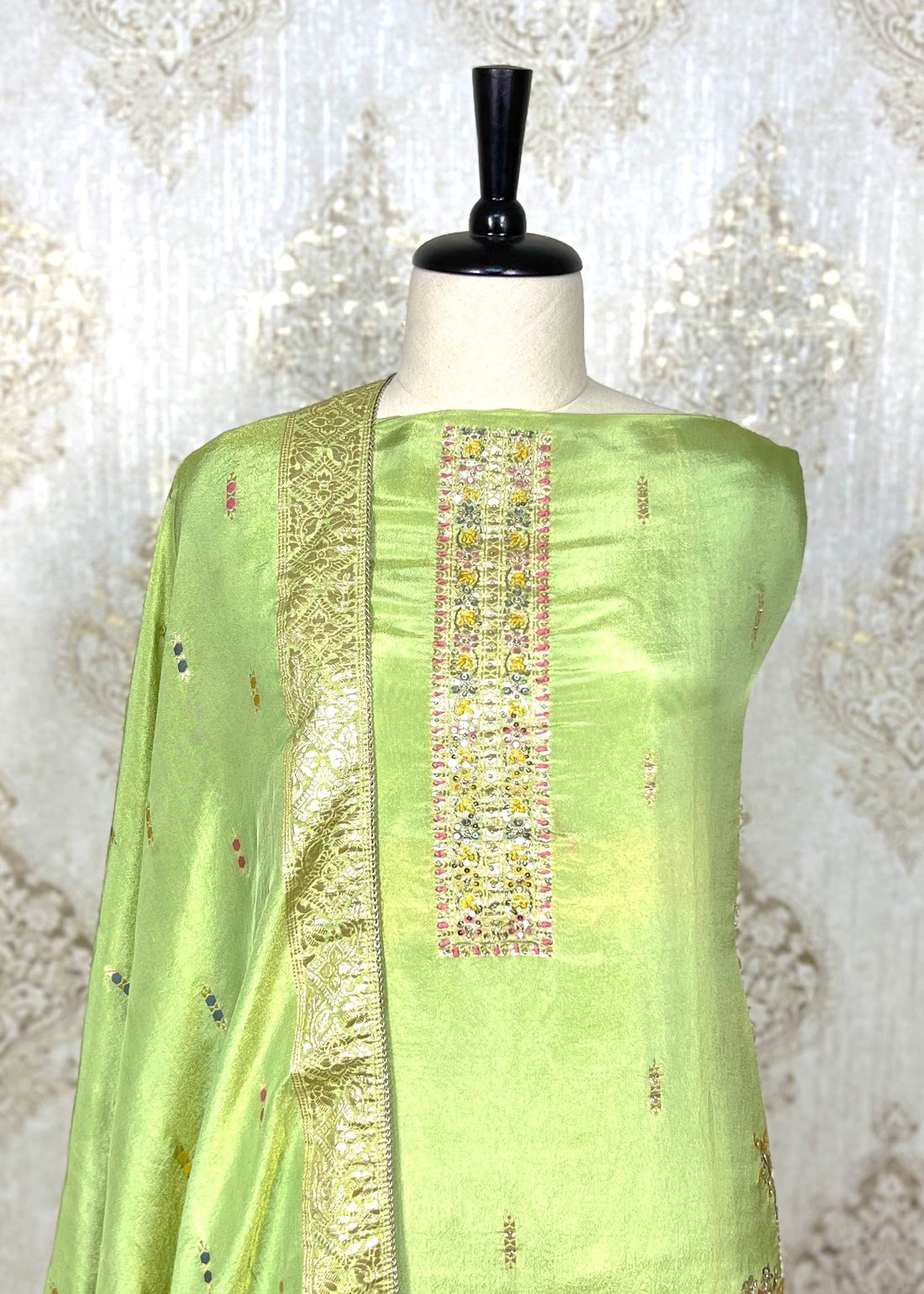 Green Crepe Handwork Dress Material