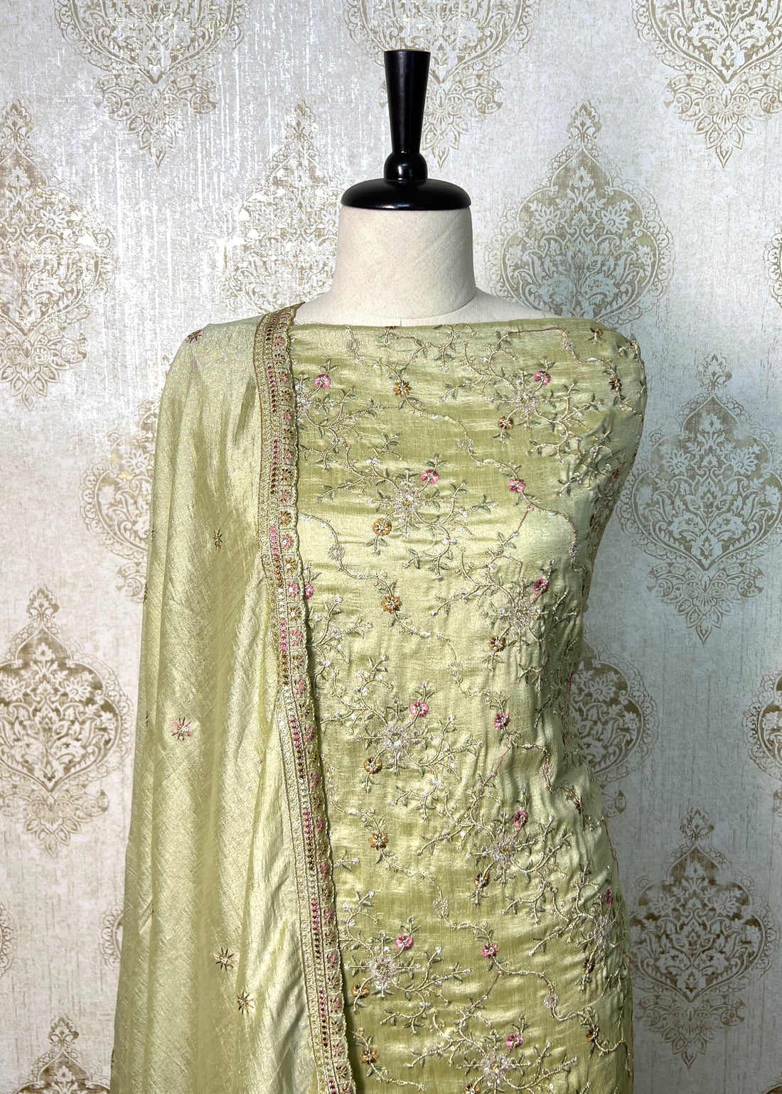 Light Green Thread & Sequin Work Semi-Crepe Dress Material