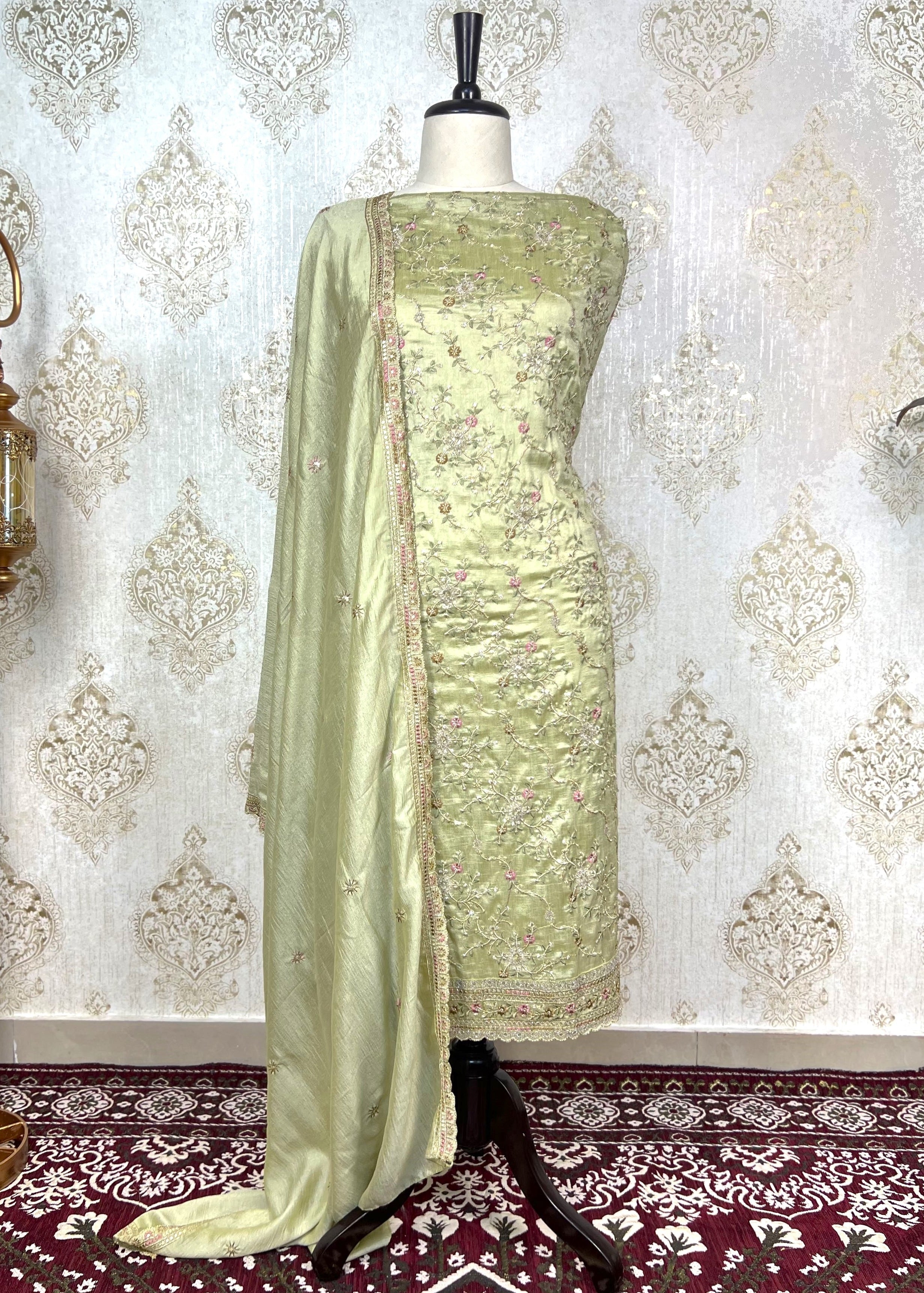 Light Green Thread & Sequin Work Semi-Crepe Dress Material
