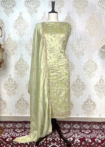 Light Green Thread & Sequin Work Semi-Crepe Dress Material