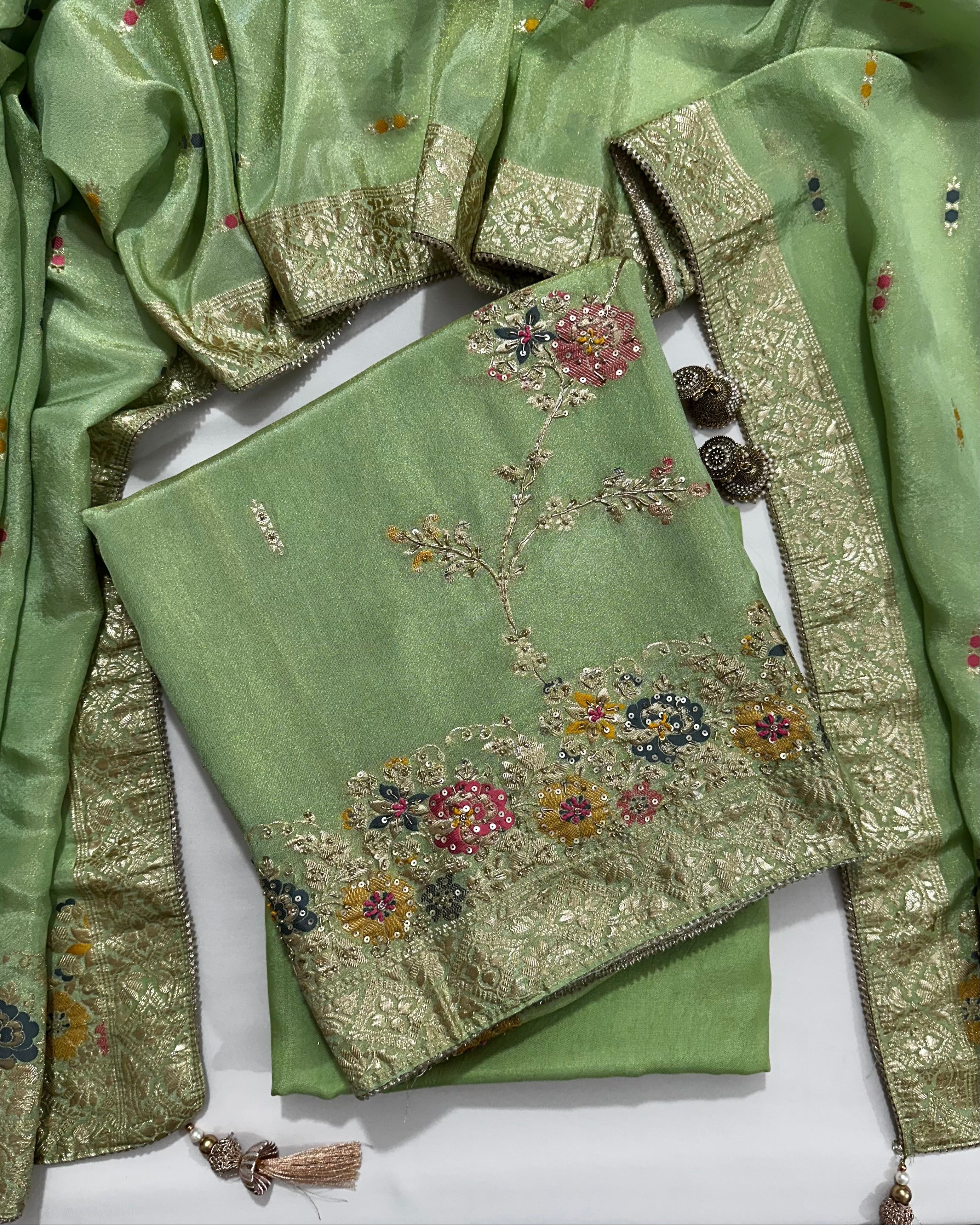 Green Crepe Handwork Dress Material